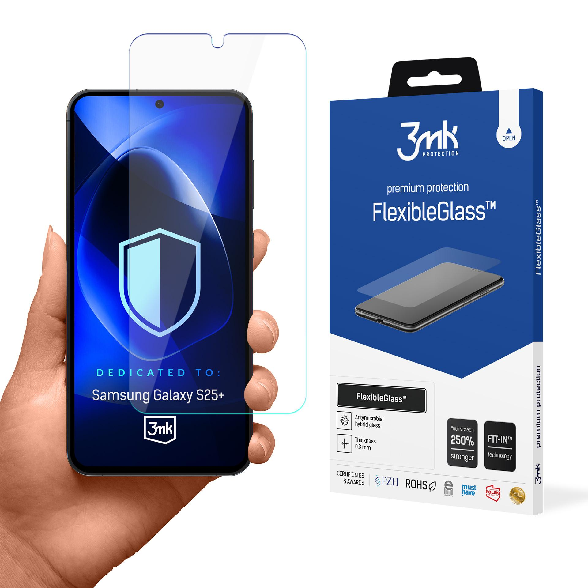 Ręka trzymająca ochraniacz ekranu. Obok pudełko z nazwą i cechami produktu. Telefon wyświetla niebieski ekran.