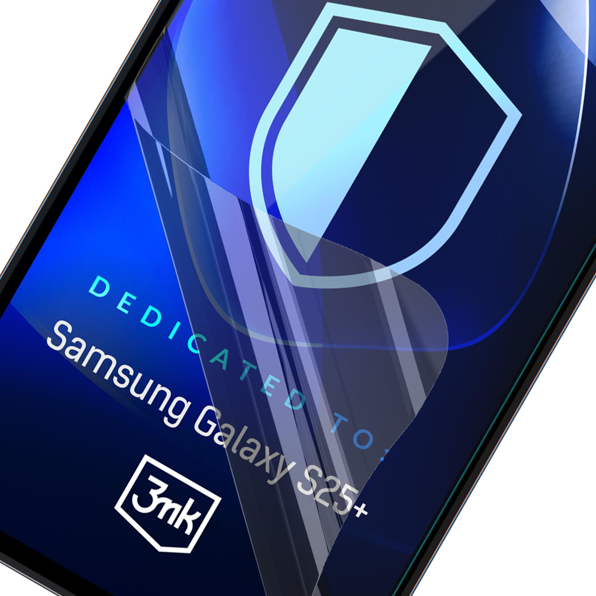 Pokazano osłonę ekranu dla Samsunga Galaxy S25+. Ochraniacz jest na ciemnoniebieskim tle z logo tarczy.