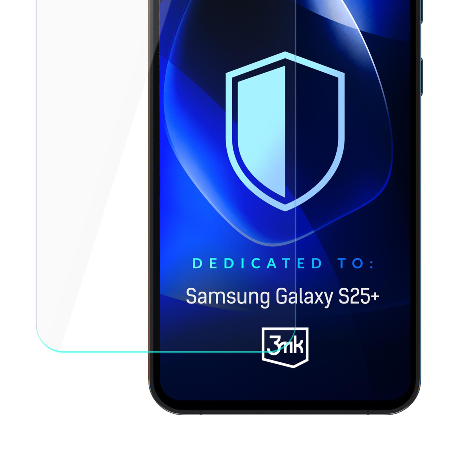 Ochraniacz ekranu dla Samsung Galaxy S25+. Niebieski grafika tarczy i logo 3mk na ciemnoniebieskim tle.