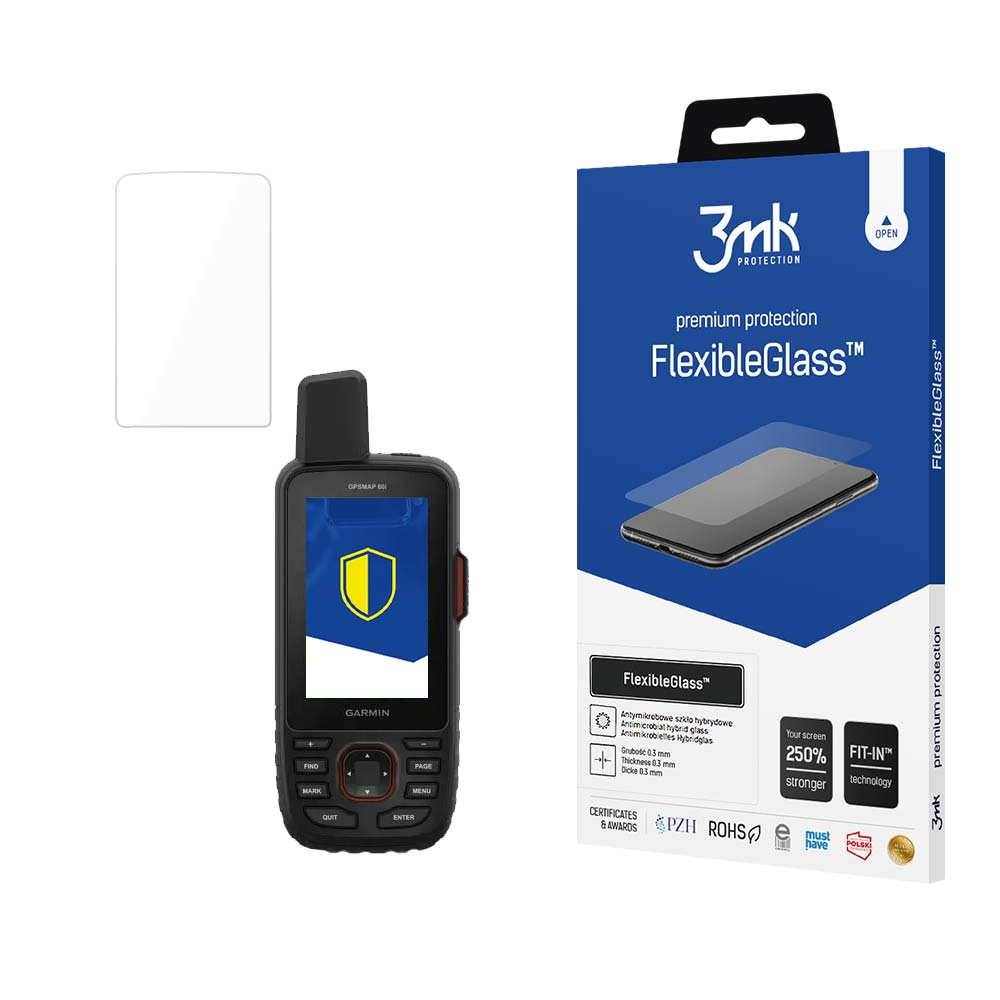 Un dispositivo GPS Garmin, una protezione per lo schermo e una scatola FlexibleGlass sono in mostra. La scatola è blu, con dettagli sulla protezione dello schermo.
