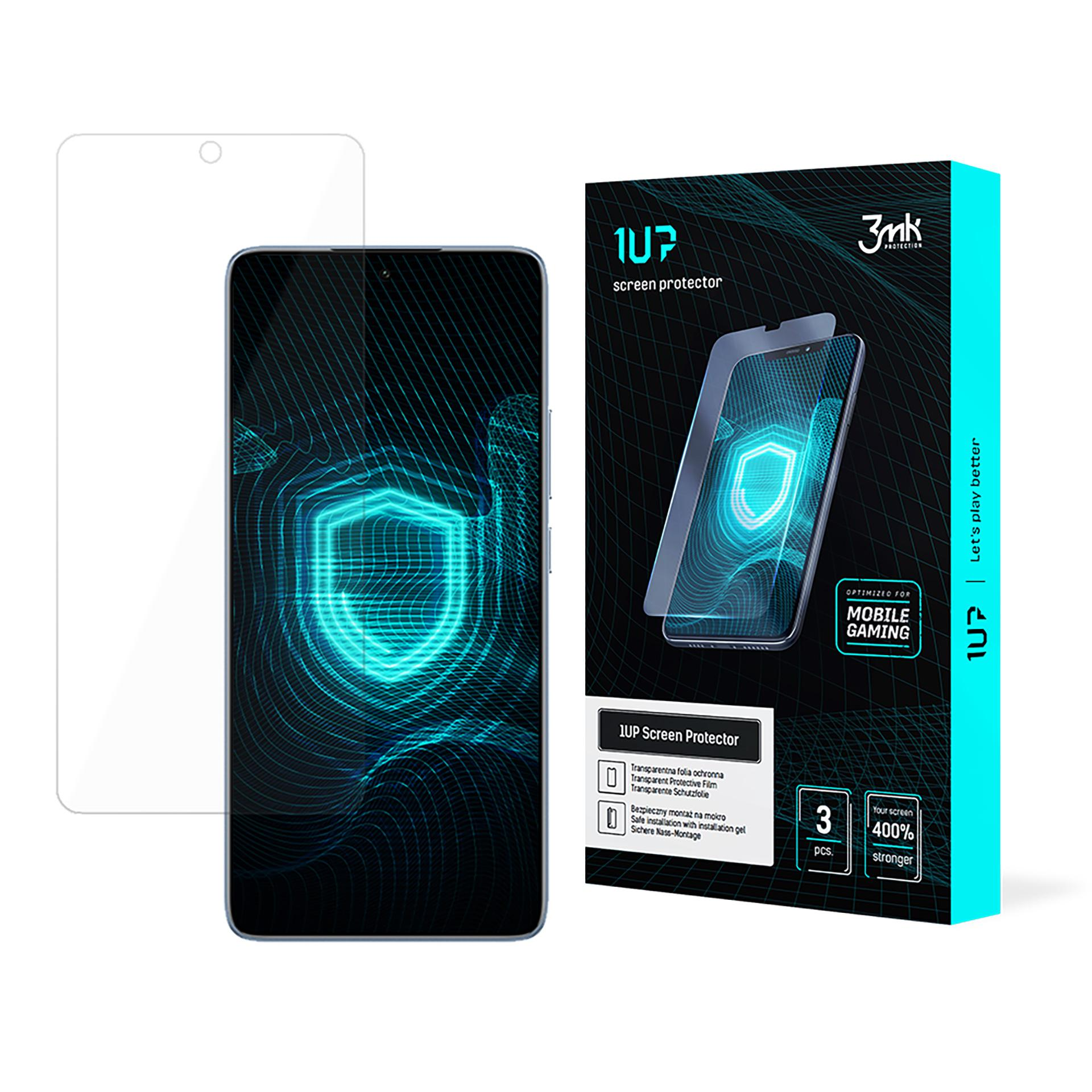 Sono mostrati una scatola per protezione schermo per telefono, un telefono e un protezione. La scatola dice '1UP Screen Protector'.