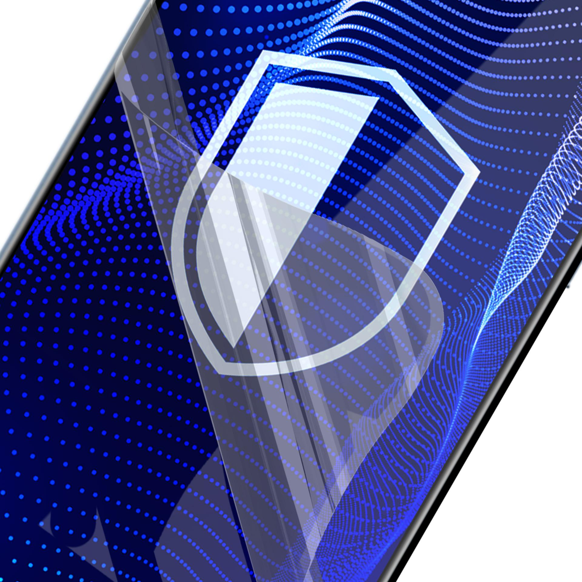 Uno schermo del telefono con un grafico a scudo. Punti e linee blu creano un effetto digitale. Lo schermo ha una protezione.