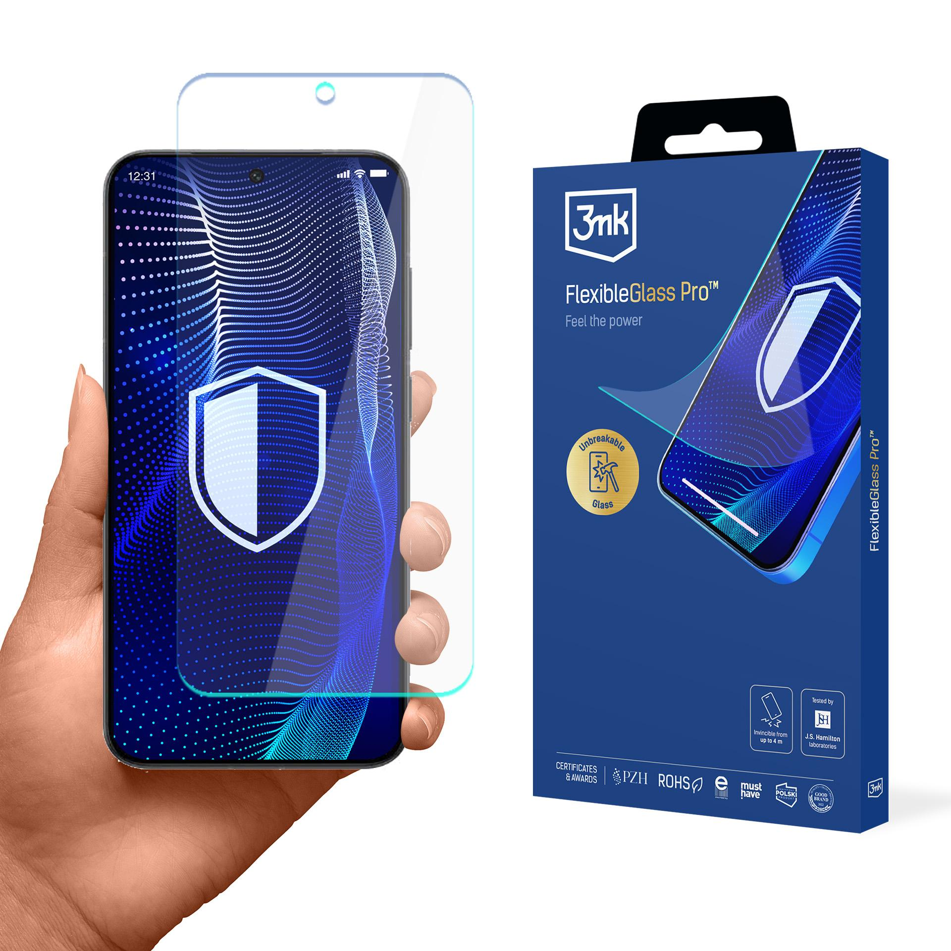 Ręka trzyma telefon z ochraniaczem ekranu i pudełko. Na pudełku napis FlexibleGlass Pro.