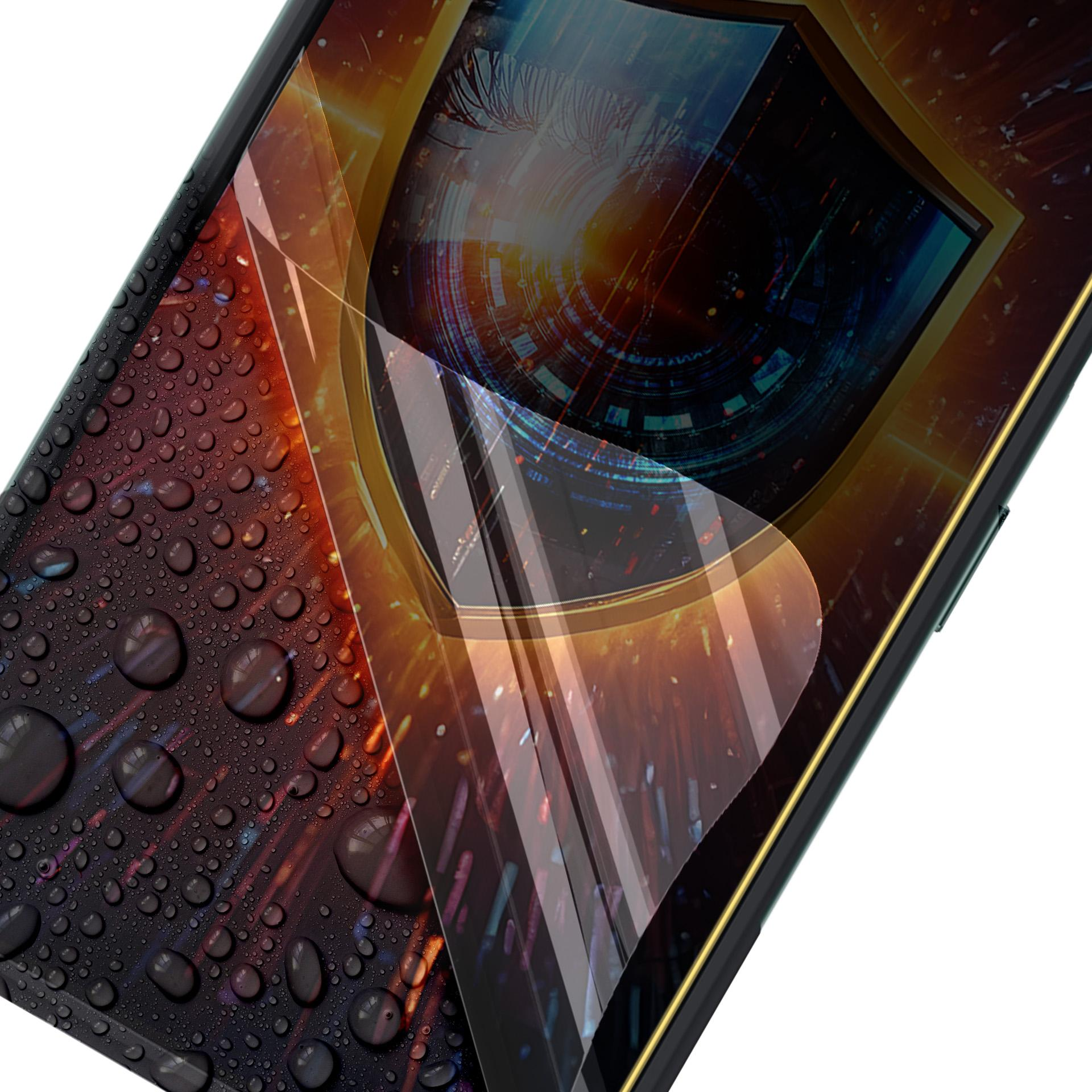 Un telefono con protezione schermo, coperto da goccioline d'acqua. Lo schermo mostra un design futuristico.