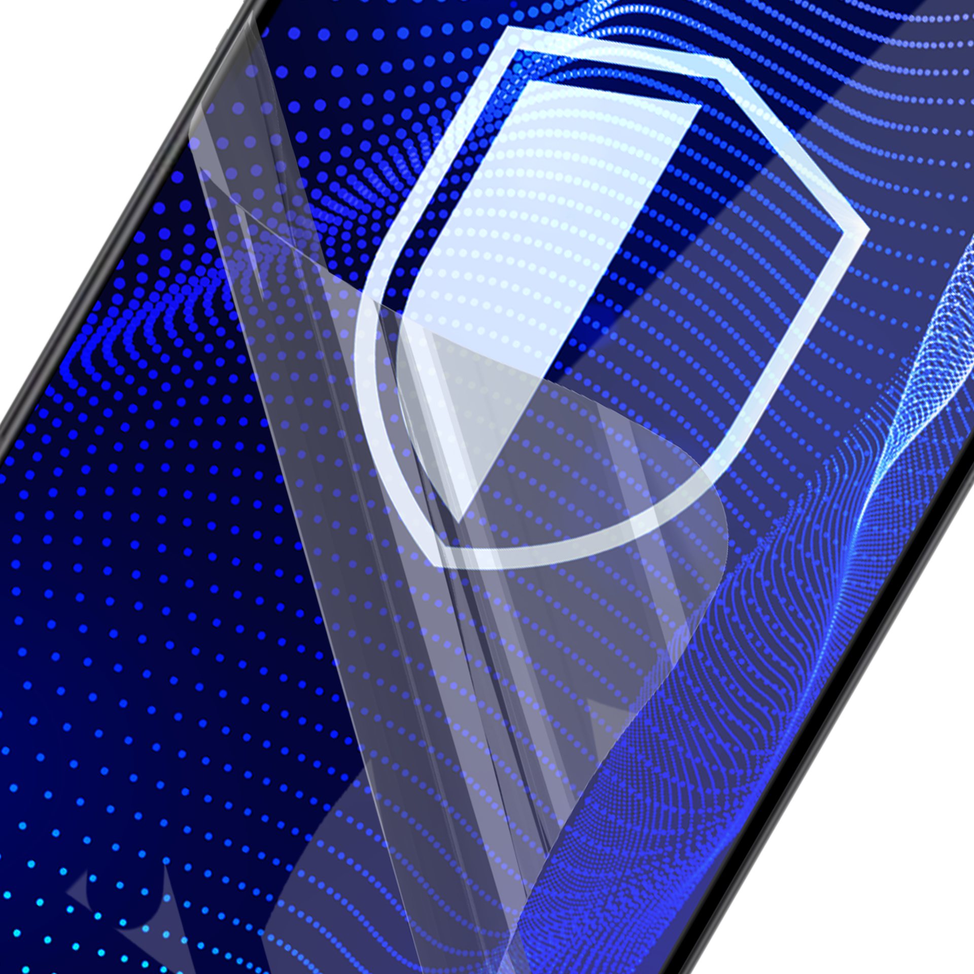 Un telefono cellulare con protezione schermo. Sfondo blu a pois. Forma di scudo bianco sullo schermo.