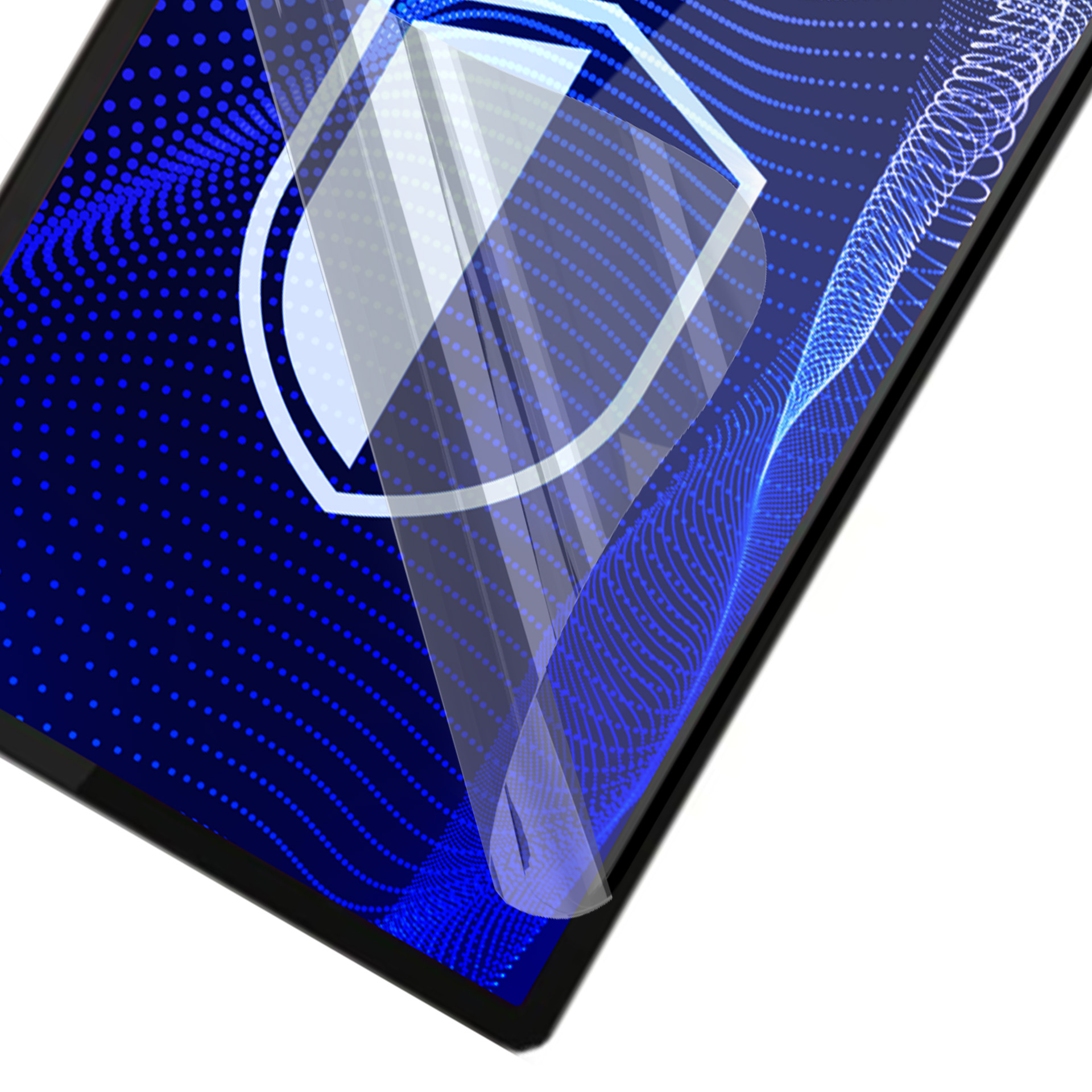 Tablet z niebieskim tłem w kropki i osłoną ekranu w kształcie tarczy.