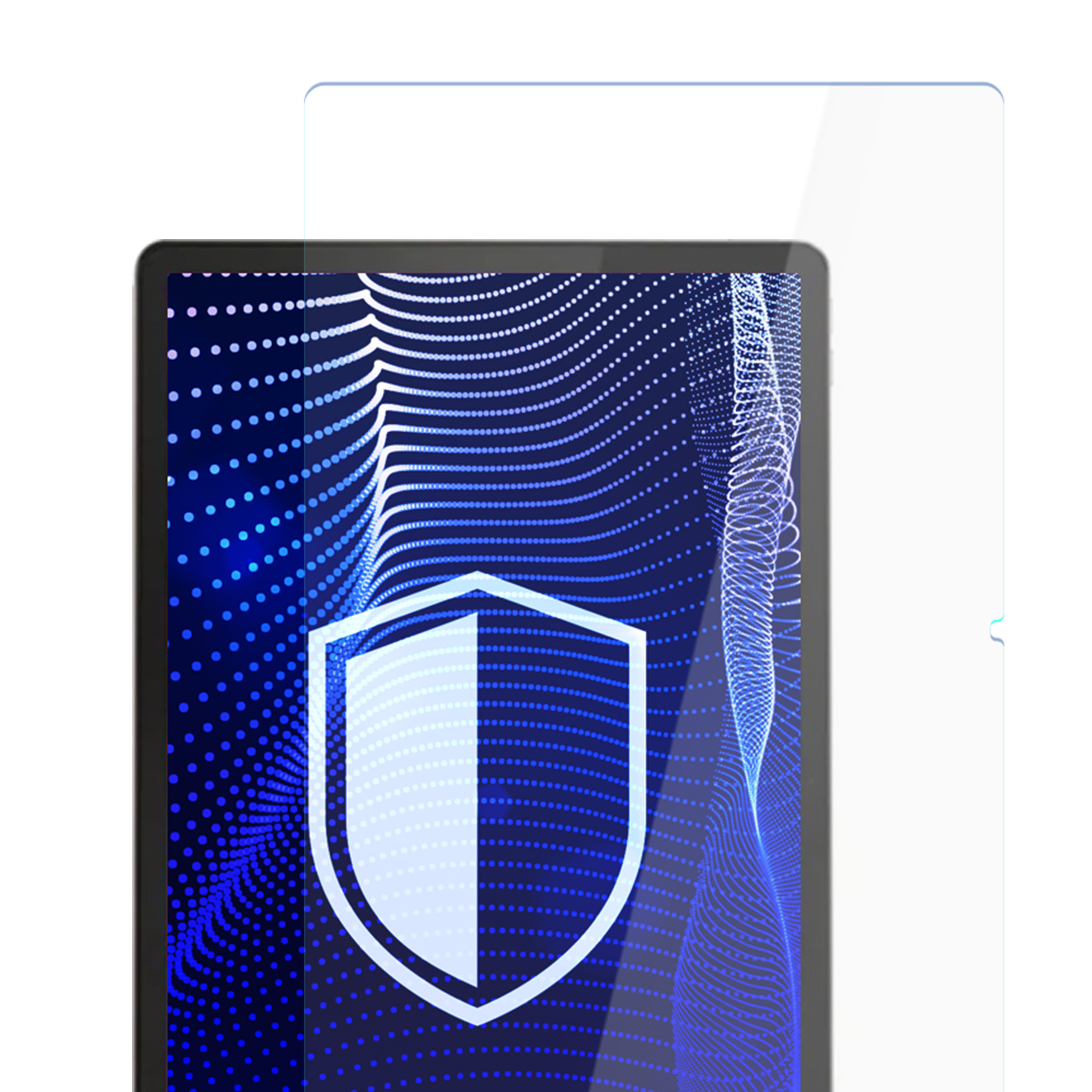 Tablet z nałożoną ochroną ekranu. Tablet wyświetla grafikę tarczy na niebieskim, kropkowanym tle.