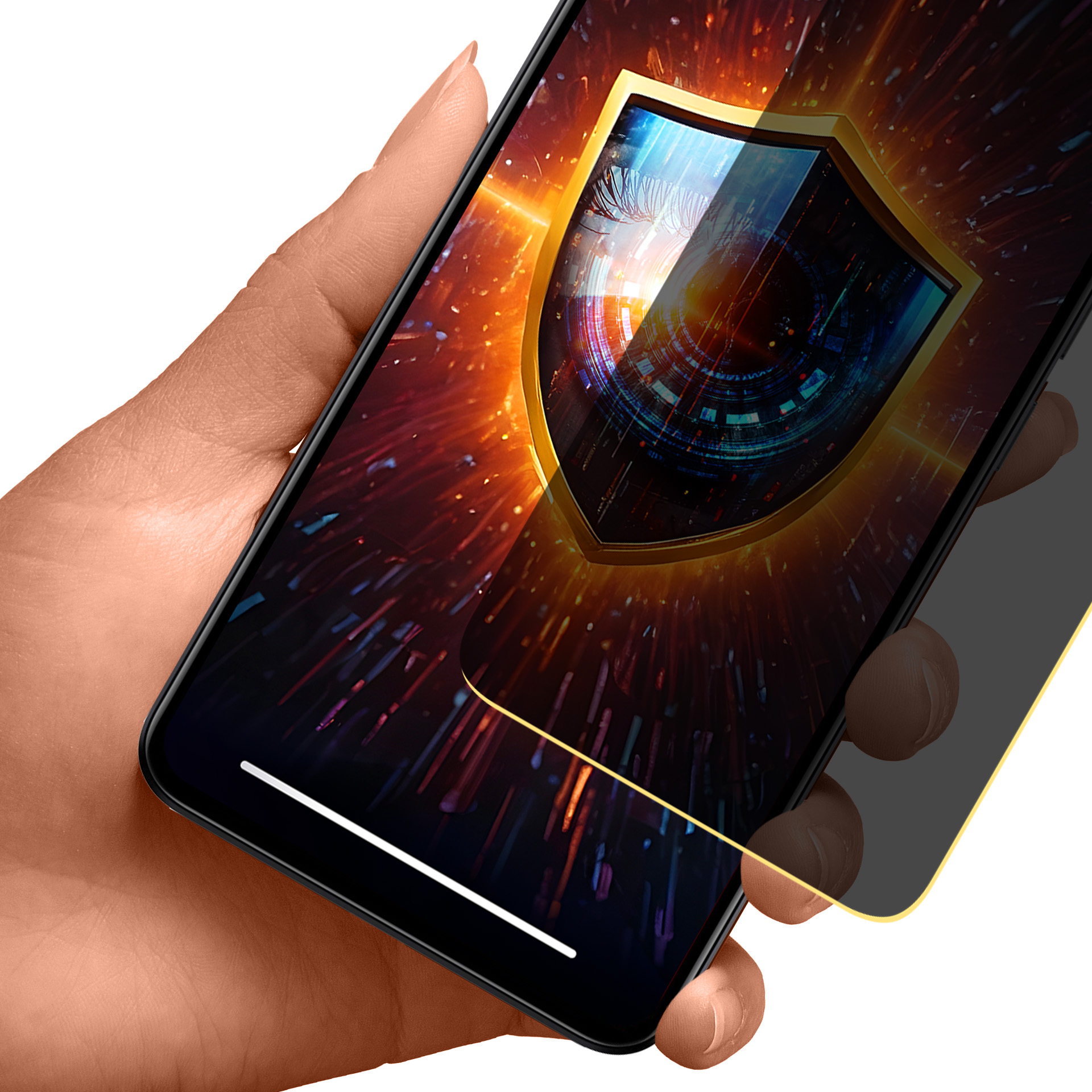 Dłoń trzymająca smartfon z grafiką tarczy na ekranie. Ekran wyświetla cyfrowy wzór oka ze złotą ramką.