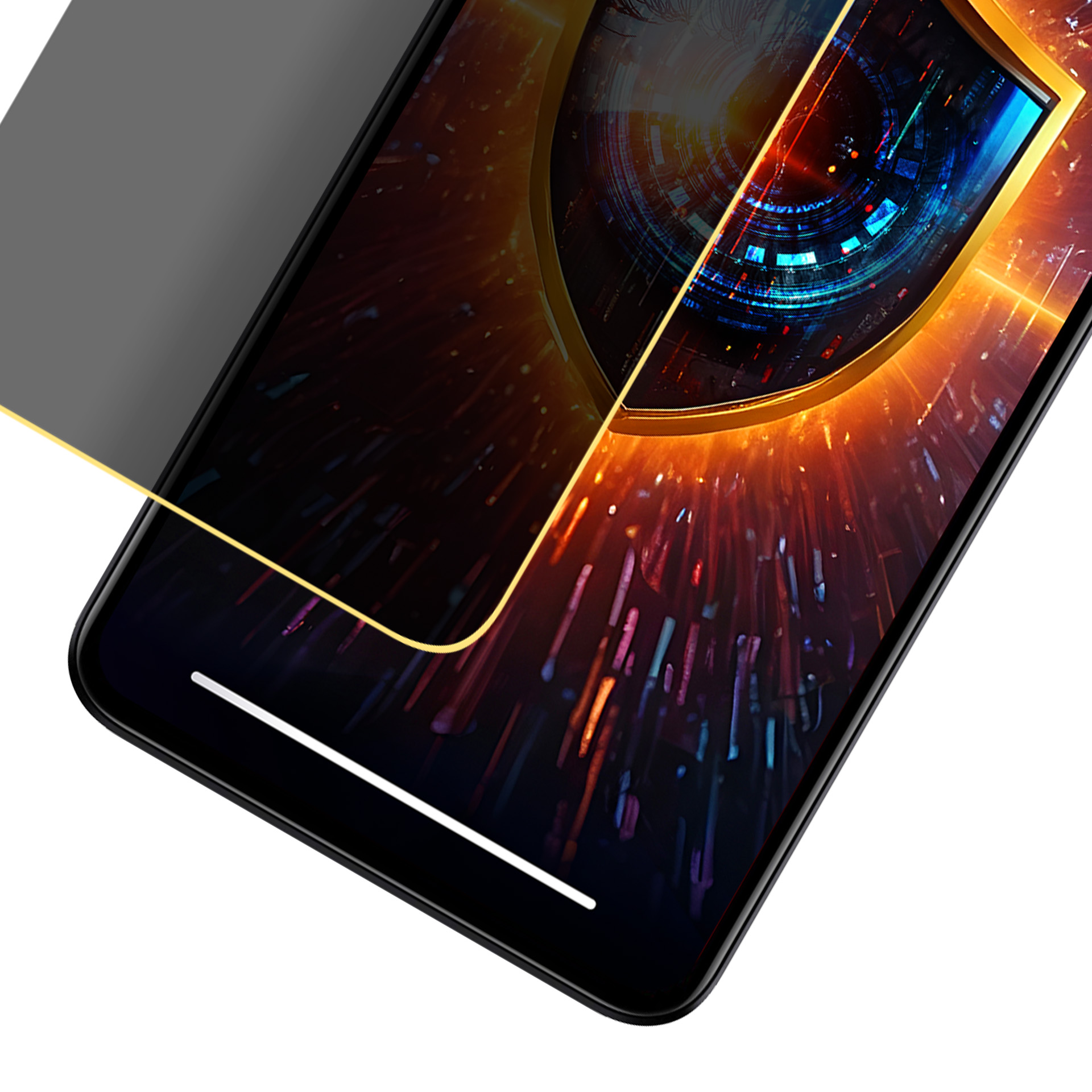 Smartfon z ekranem wyświetlającym futurystyczny wzór oka. Ma ochraniacz ekranu i ciemne tło.