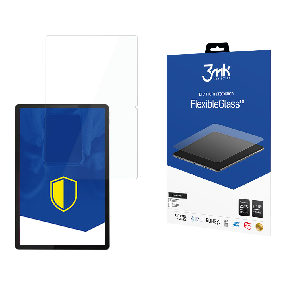 Un tablet con protezione schermo. A destra una scatola con la scritta 'FlexibleGlass' e un logo. La protezione a sinistra.