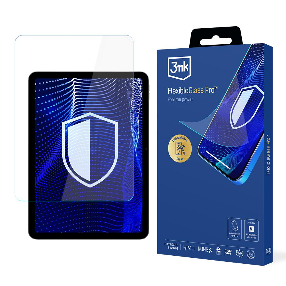 Tablet z ochraniaczem ekranu i pudełko produktu. Pudełko jest niebieskie i pokazuje ekran telefonu z grafiką tarczy.