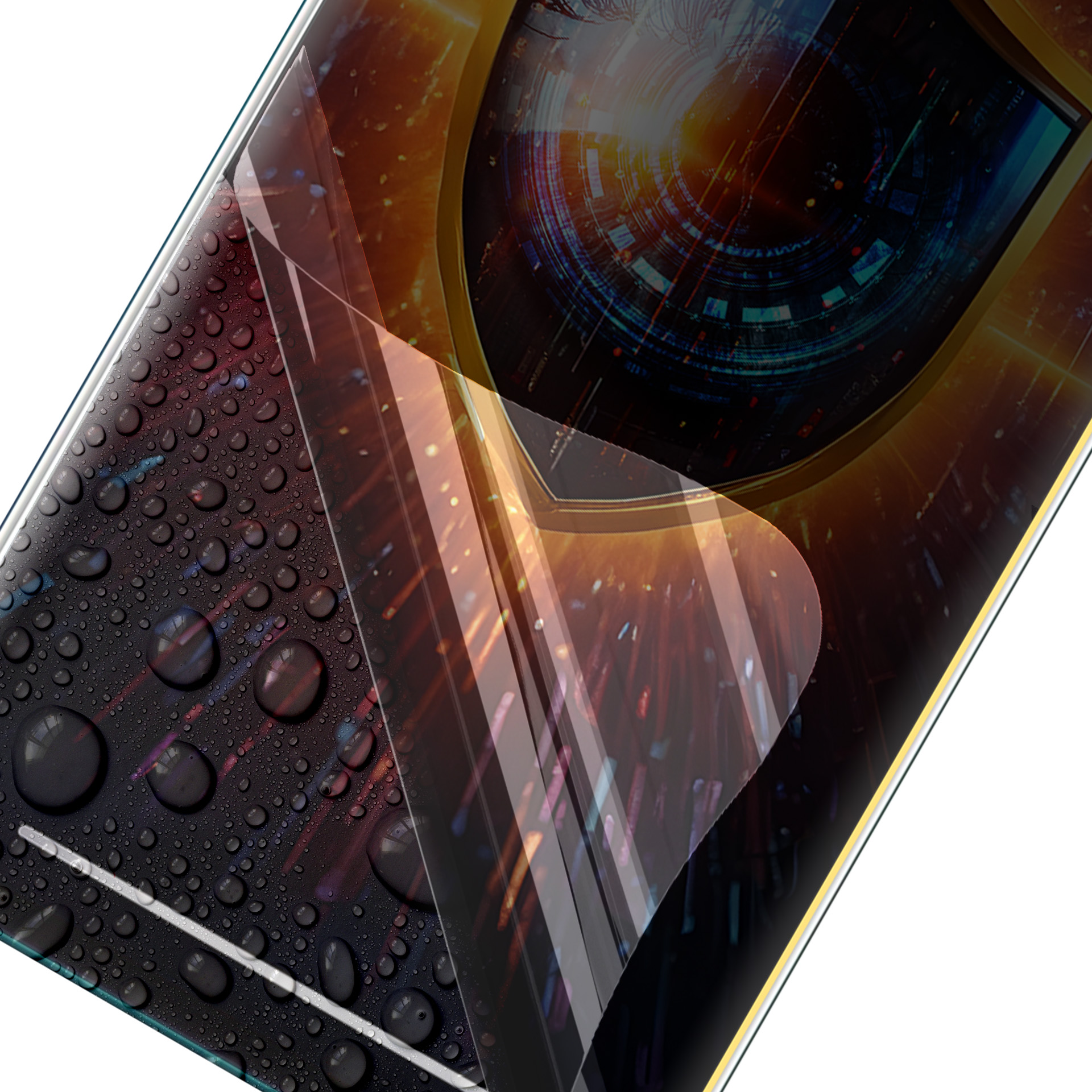 Nakładanie folii ochronnej na ekran. Ciemna, mokra powierzchnia z kroplami wody. Abstrakcyjne tło cyfrowe, złota ramka i przezroczysta folia.