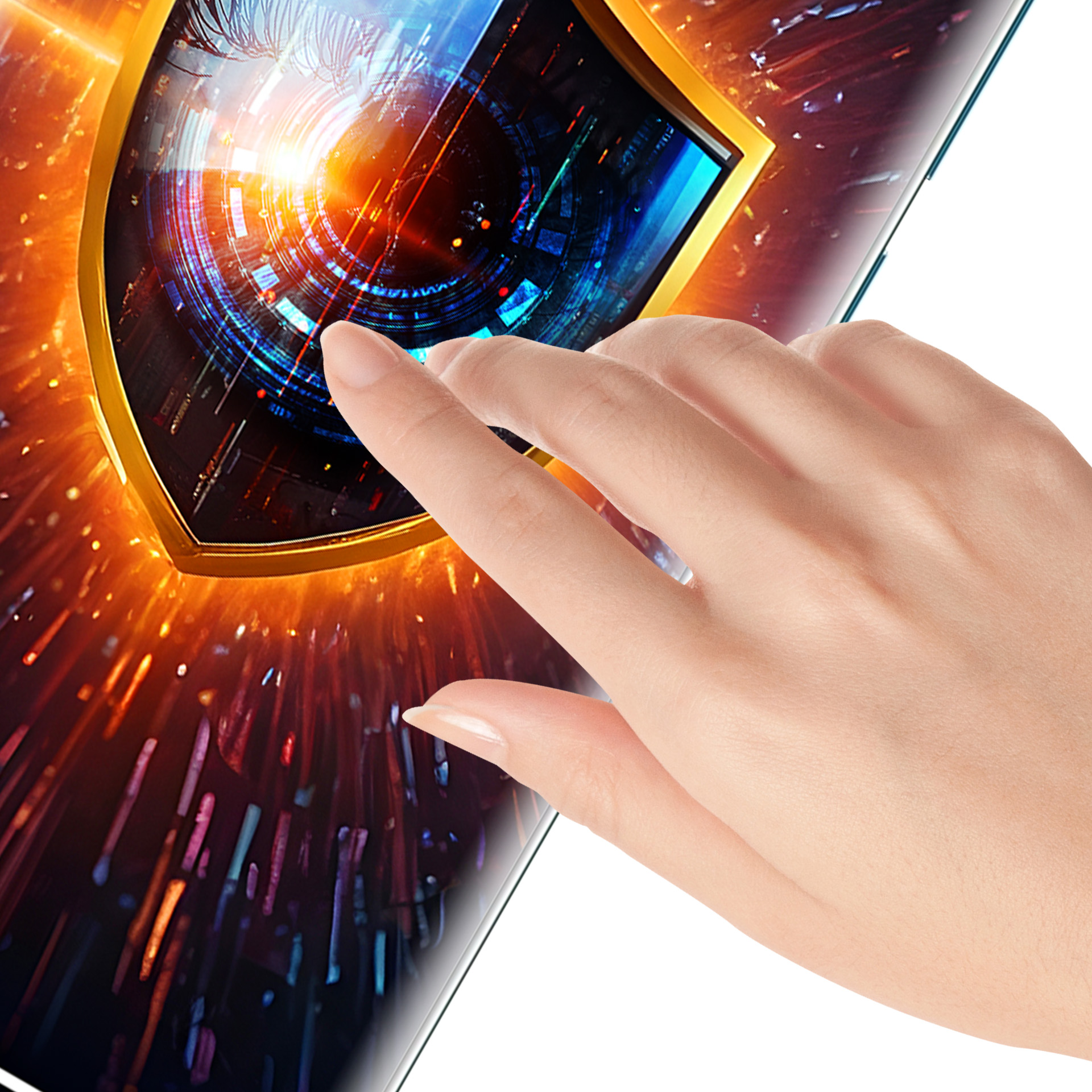 Dłoń dotyka ekranu cyfrowego z motywem tarczy. Ekran wyświetla niebieskie i złote elementy cyfrowe. Białe tło.