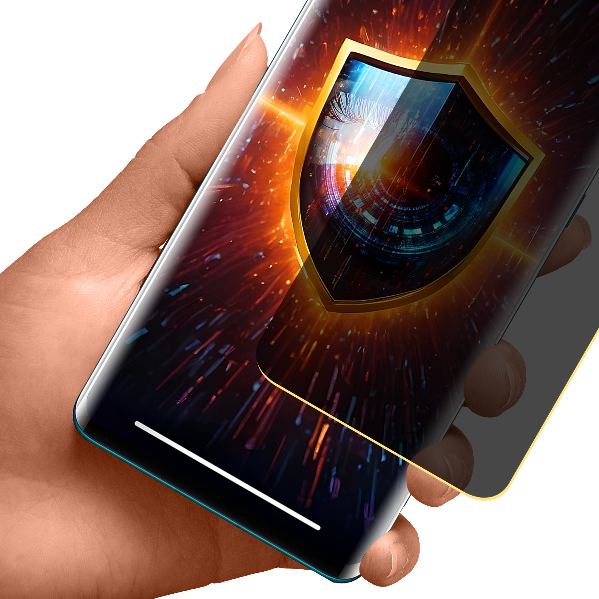 Dłoń trzymająca smartfona z grafiką tarczy na ekranie. Tło ma pomarańczowe i niebieskie światła.