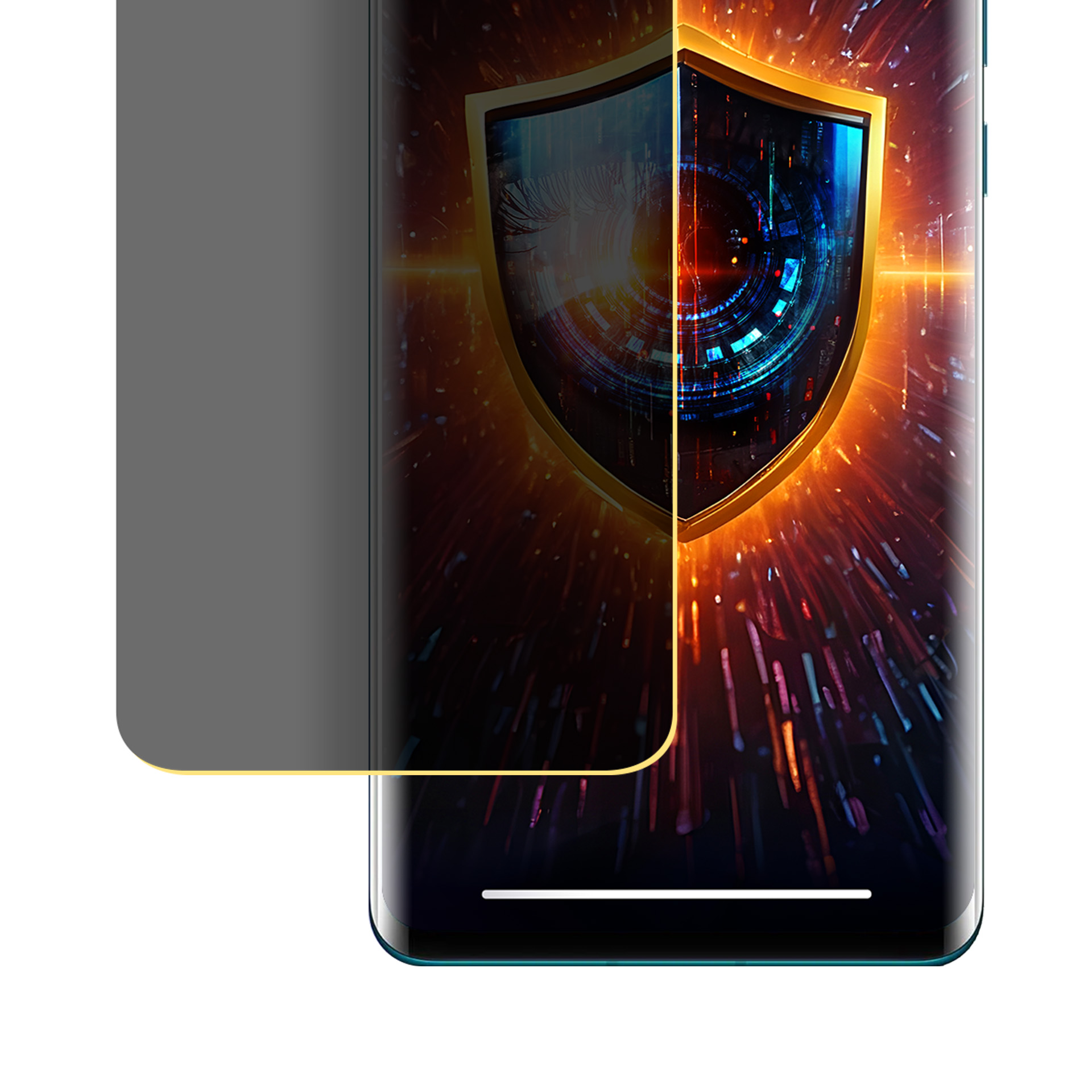 Ekran telefonu z filtrem prywatności. Widoczna grafika tarczy z cyfrowym designem, sugerująca ochronę danych.