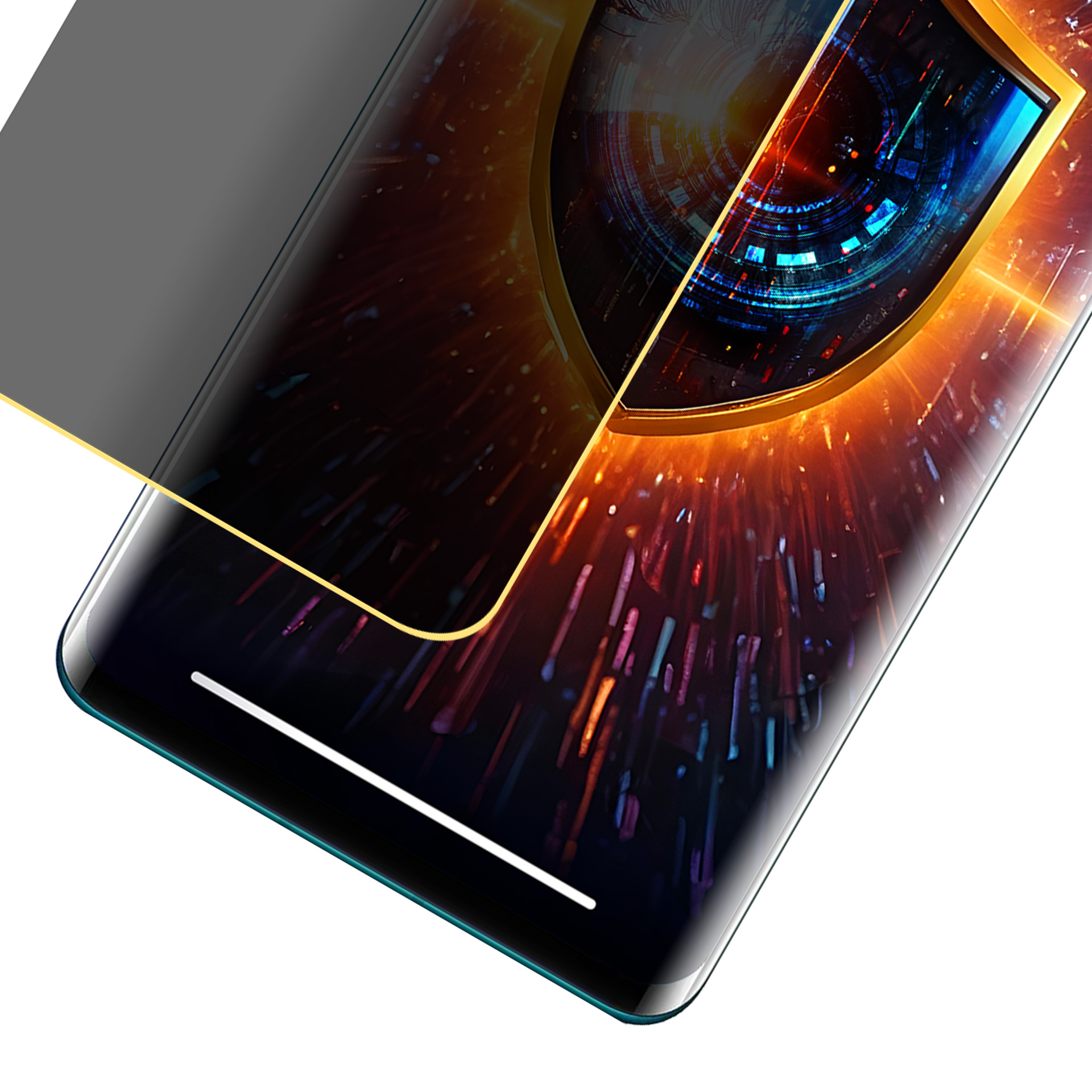 Smartfon z ochraniaczem ekranu, wyświetlający cyfrową grafikę oka. Tło ma pomarańczowe i niebieskie efekty świetlne.