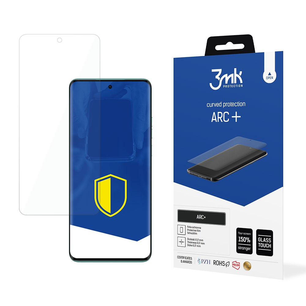 Un proteggi schermo per telefono e la sua confezione sono in mostra. La scatola mostra un telefono con la protezione applicata, etichettata ARC+.