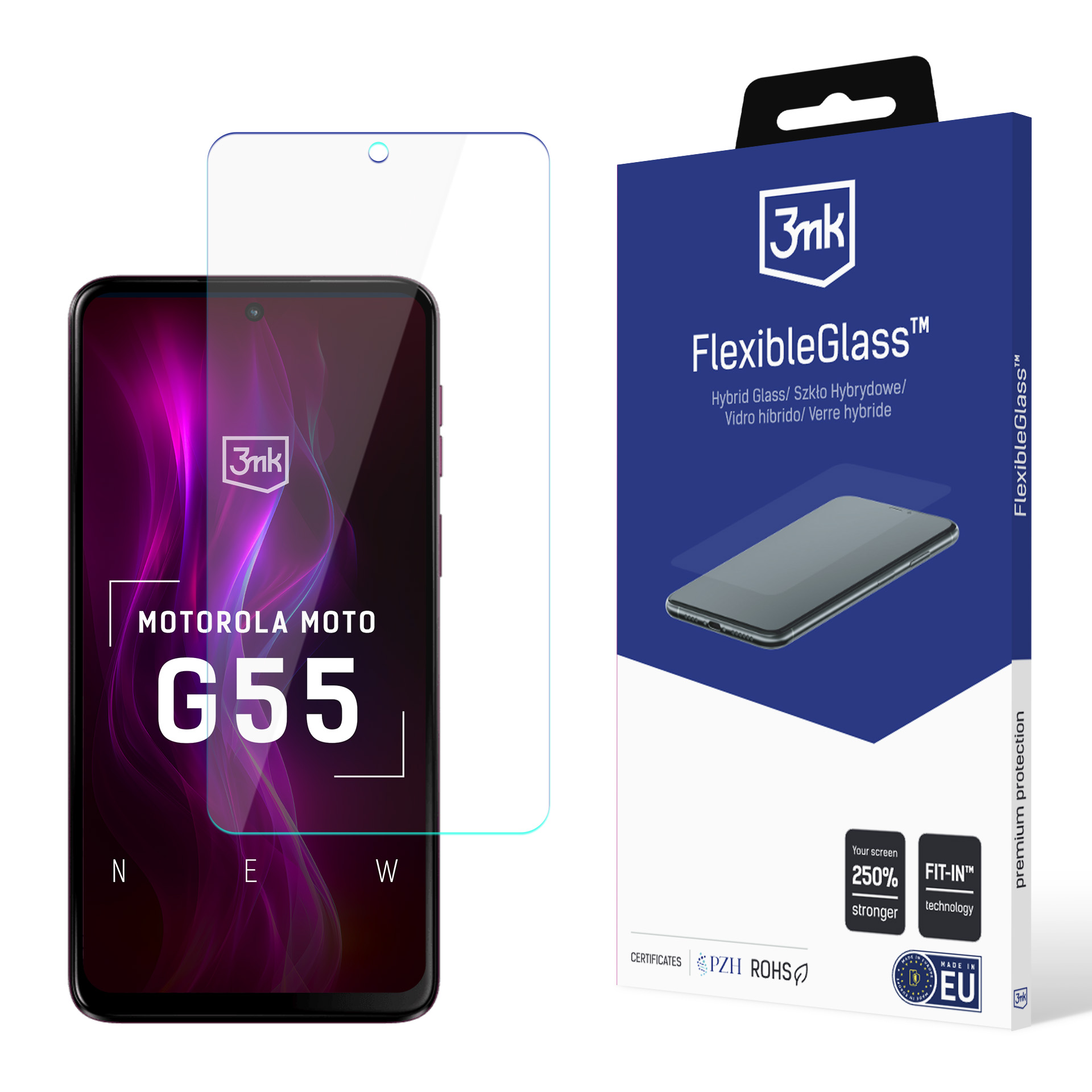 L'immagine mostra un telefono Motorola G55 con protezione schermo e una scatola 3mk FlexibleGlass. Il telefono è nero e viola.