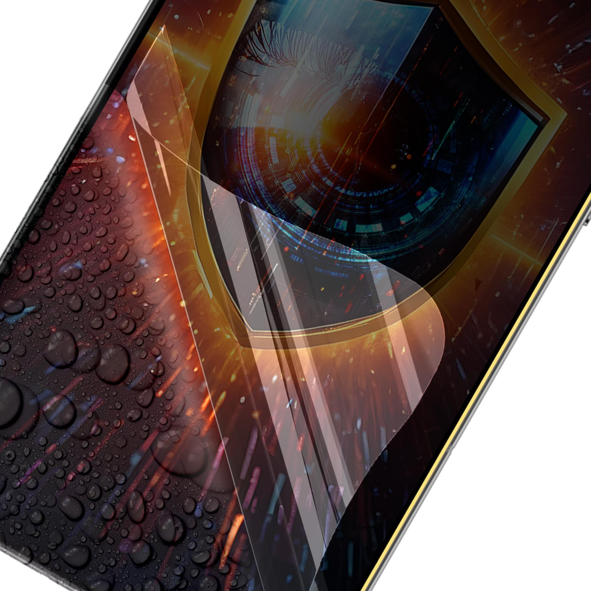 Uno schermo del telefono con protezione, con un design digitale dell'occhio. Sono visibili goccioline d'acqua.
