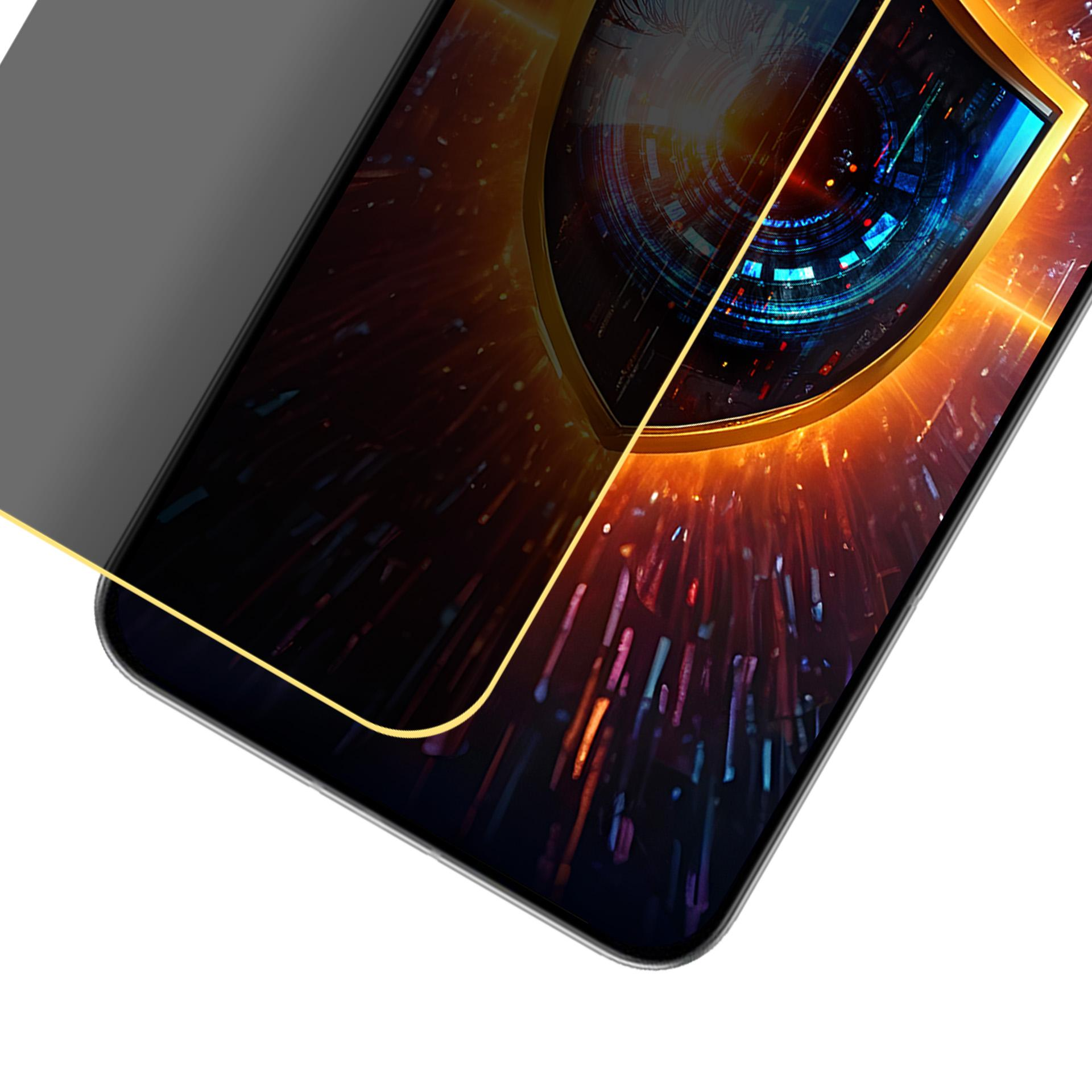 Uno smartphone con uno schermo che mostra un design a scudo digitale. Il telefono è angolato, con uno schermo privacy grigio.