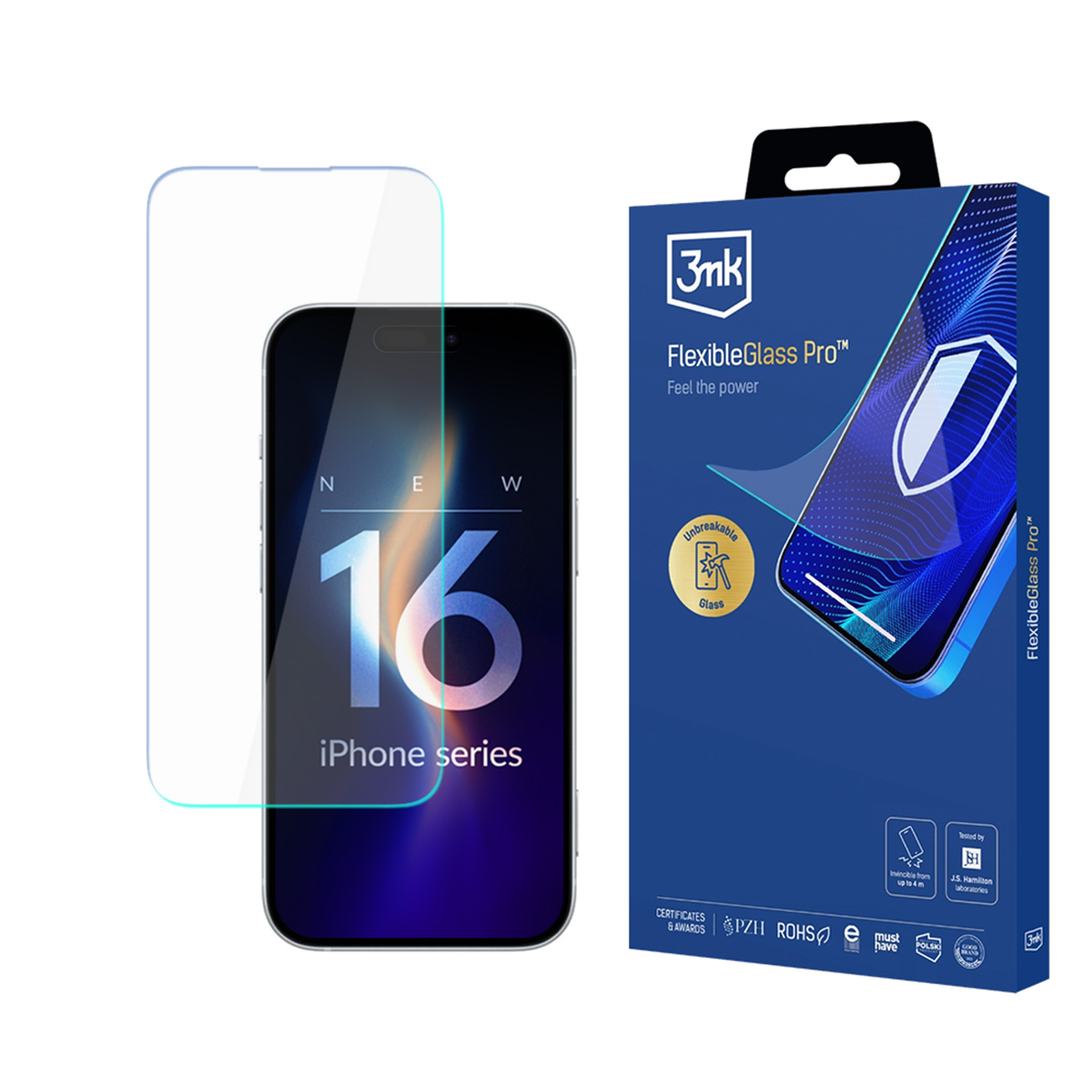 Un proteggi schermo, iPhone 16 e una scatola blu con l'etichetta "FlexibleGlass Pro" sono visualizzati.