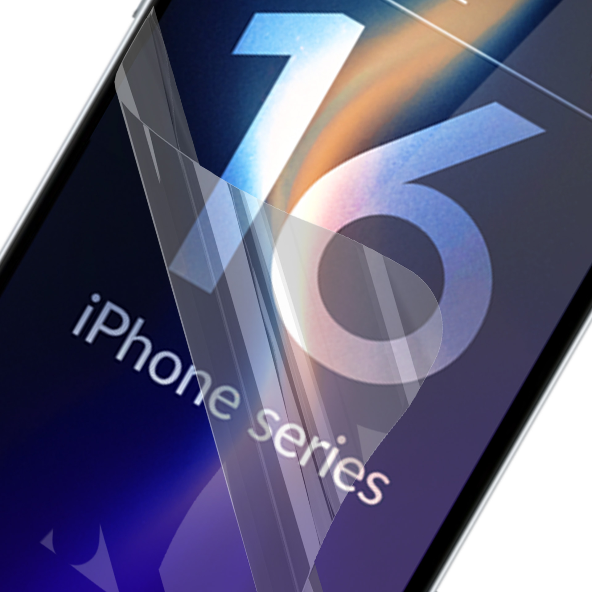 Schermo di un iPhone con una protezione per lo schermo che si stacca. Lo schermo mostra il numero 16 e la scritta iPhone series.