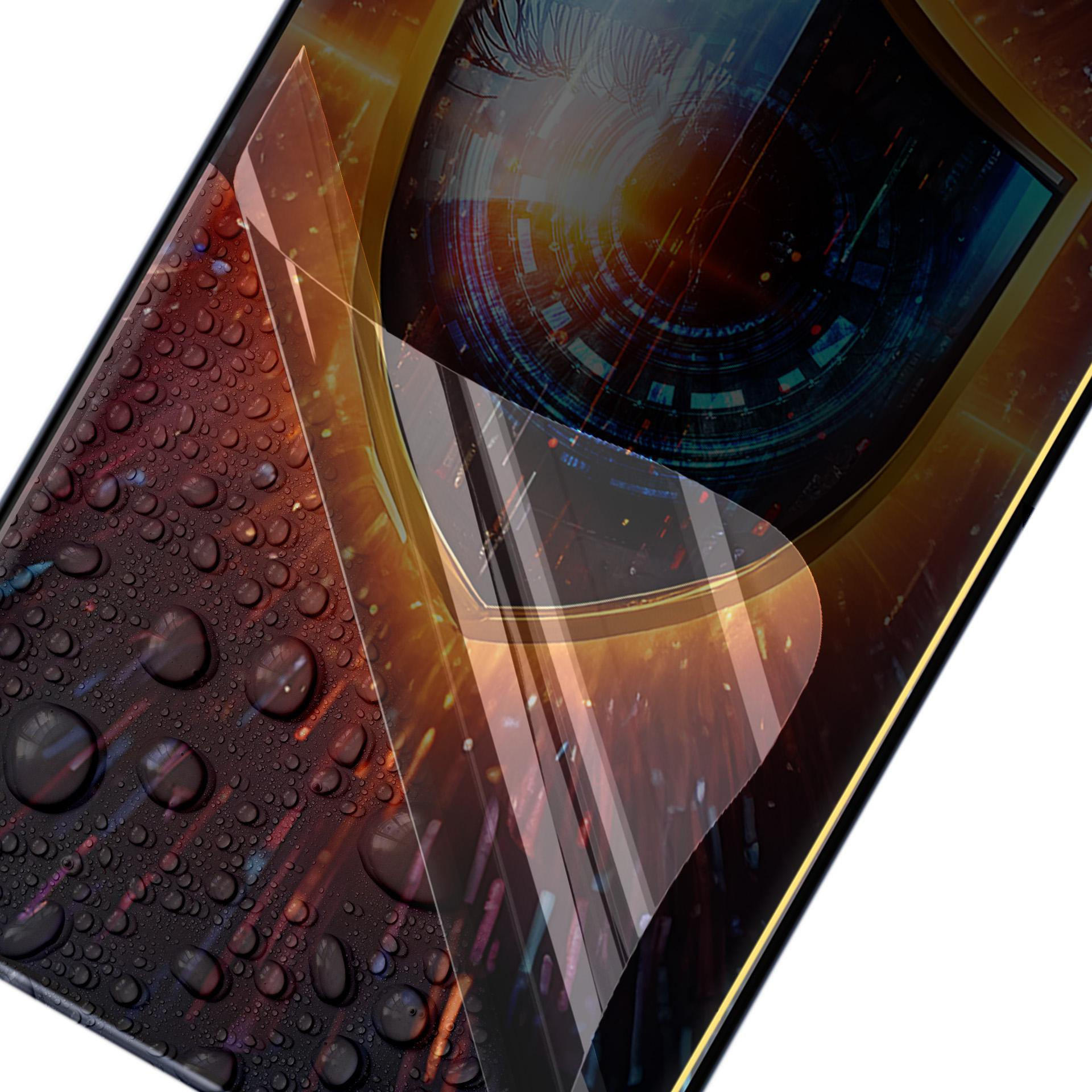 Ekran smartfona z warstwą ochronną. Krople wody na ekranie. Tło ma motyw technologiczny.