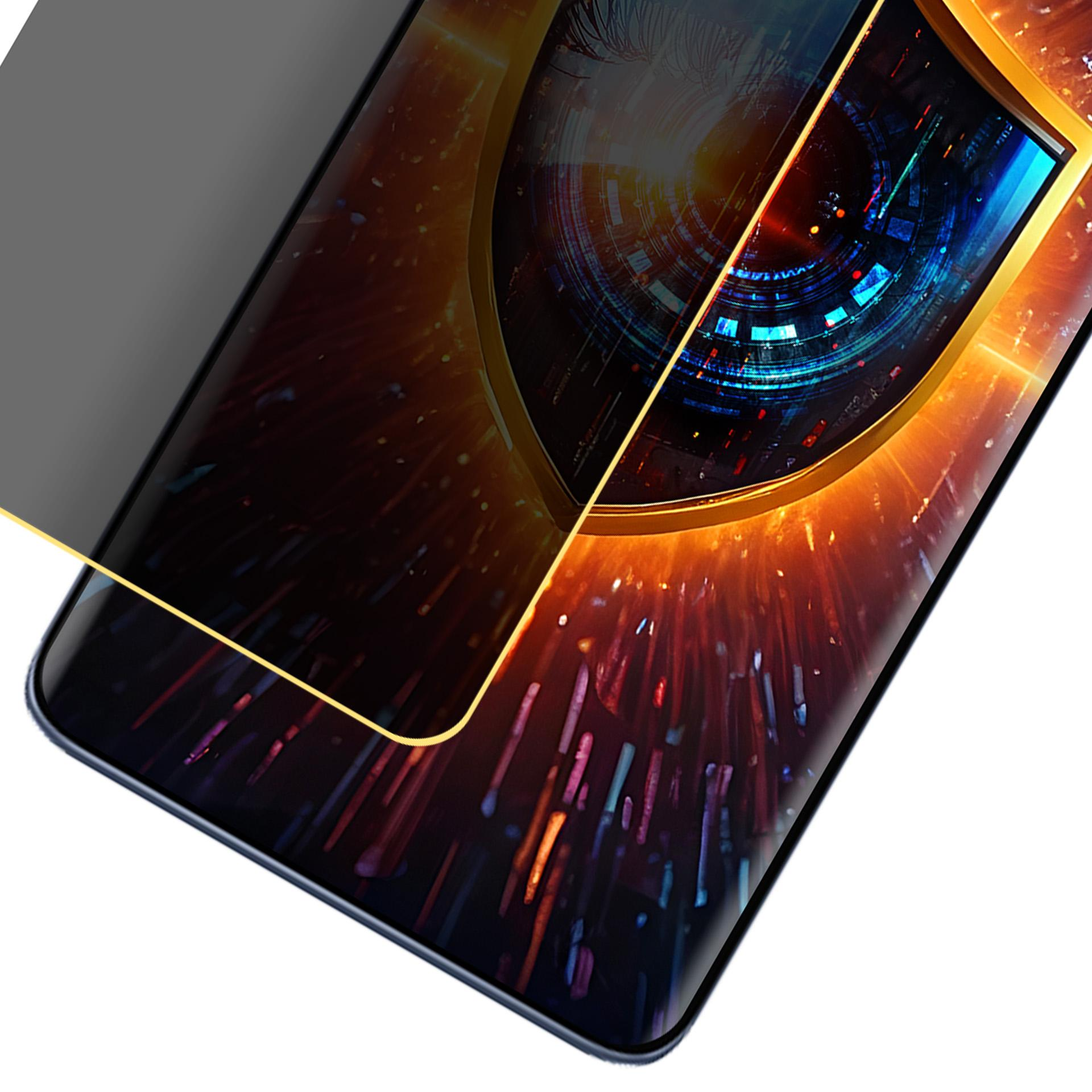 Ochrona ekranu smartfona z ciemną, odblaskową powierzchnią. Ekran wyświetla kolorowy, abstrakcyjny projekt cyfrowy.