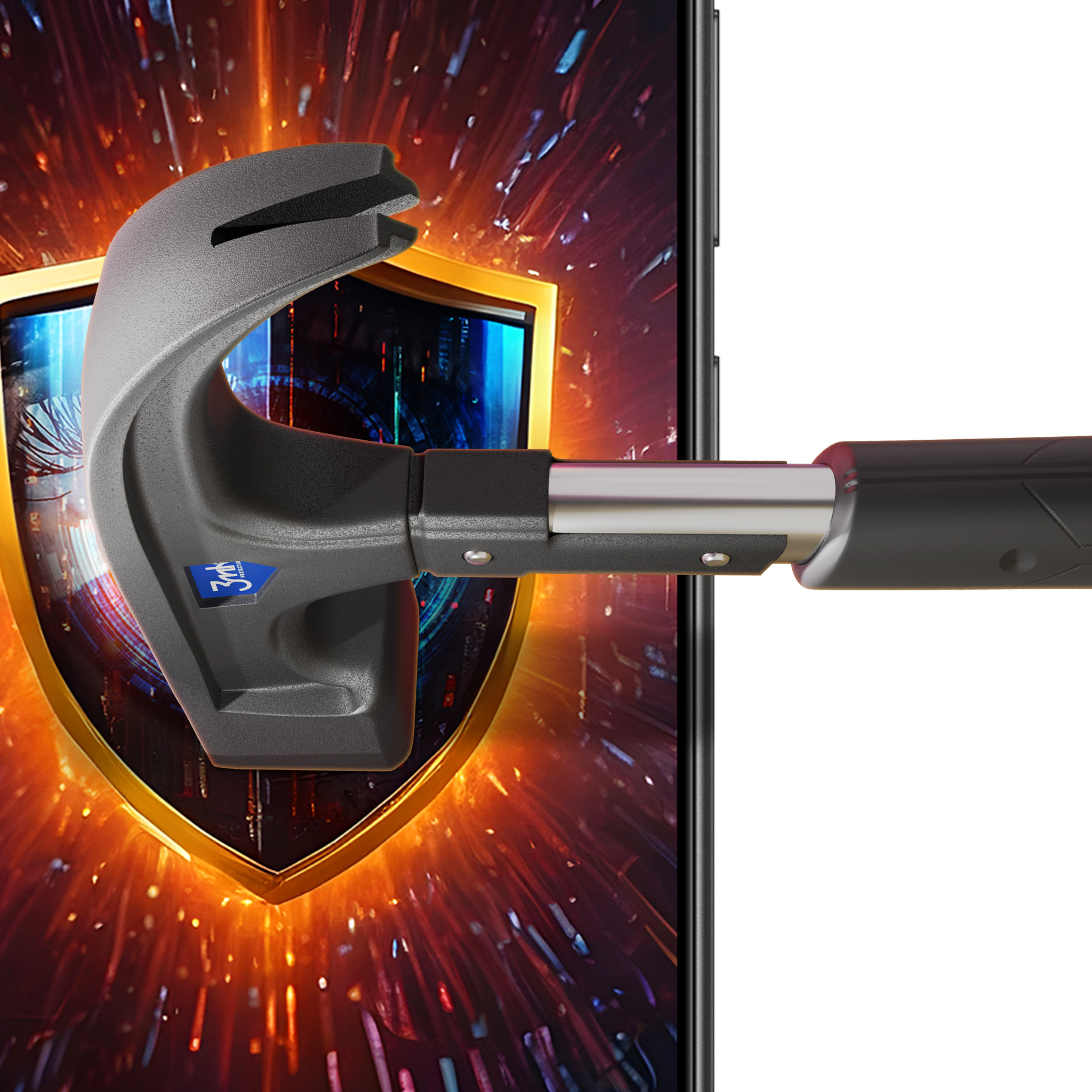 Młotek rozbija ekran telefonu z ikoną tarczy. Tło to abstrakcyjny, ognisty wzór z elementami cyfrowymi.