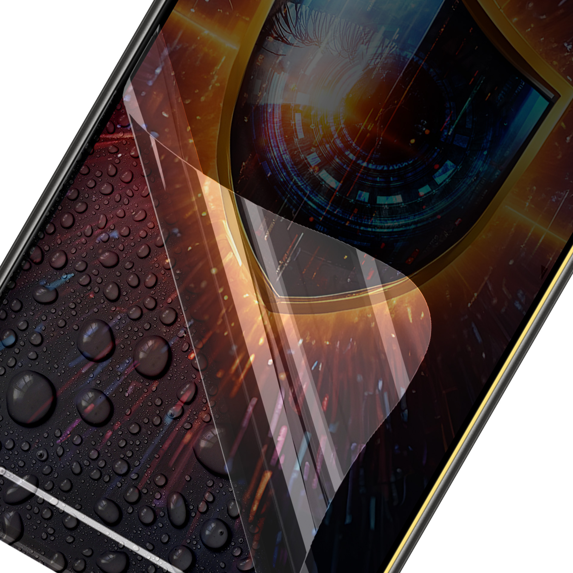 Ekran smartfona z kroplami wody. Zastosowano folię ochronną. Tło ma techniczny design z ciepłymi kolorami.