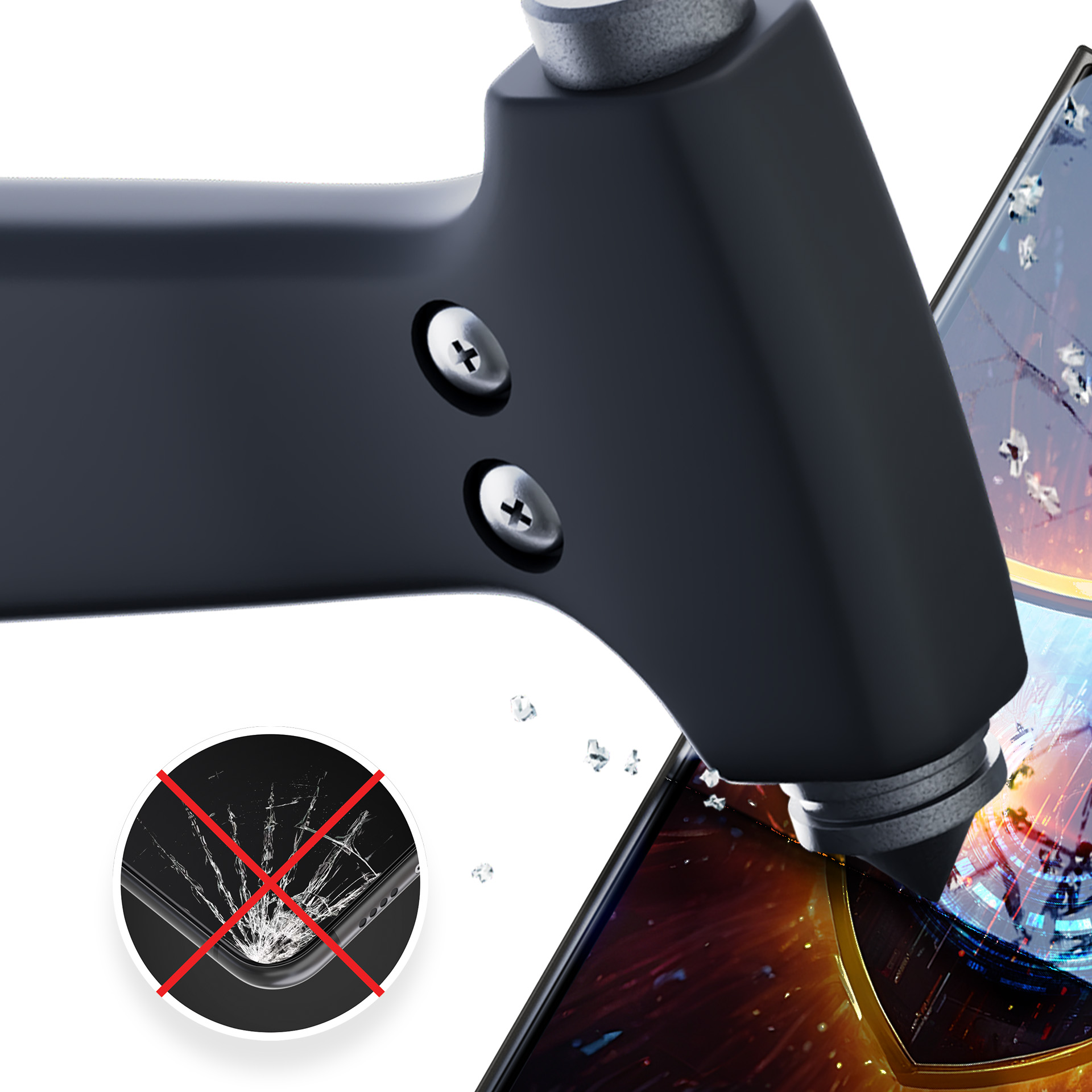 Młotek rozbijający ekran telefonu. Koło z przekreślonym, rozbitym telefonem. Młotek jest czarny ze srebrnymi śrubami.