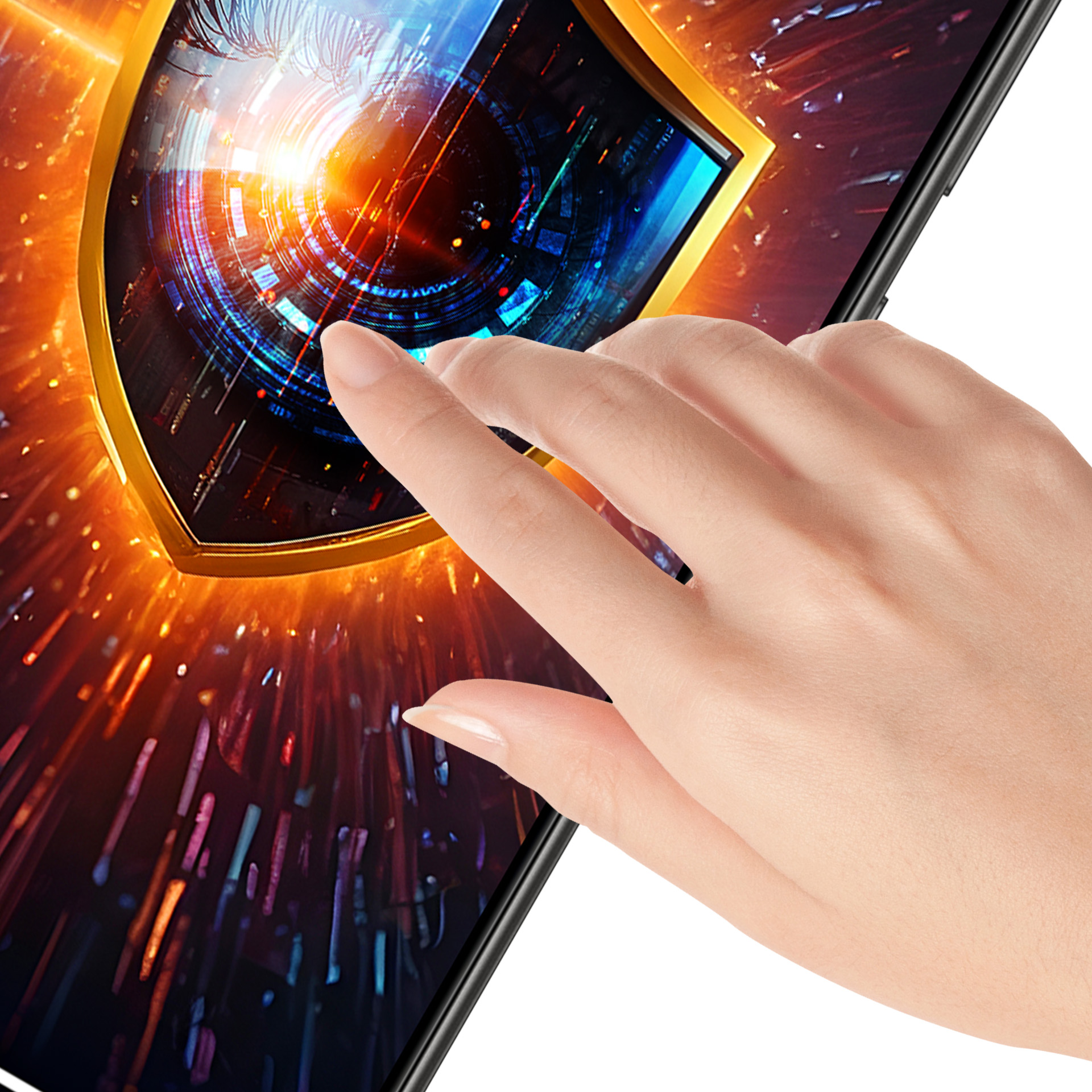 Dłoń dotyka ekranu wyświetlającego cyfrowy interfejs w kształcie tarczy z niebieskimi i pomarańczowymi efektami świetlnymi.