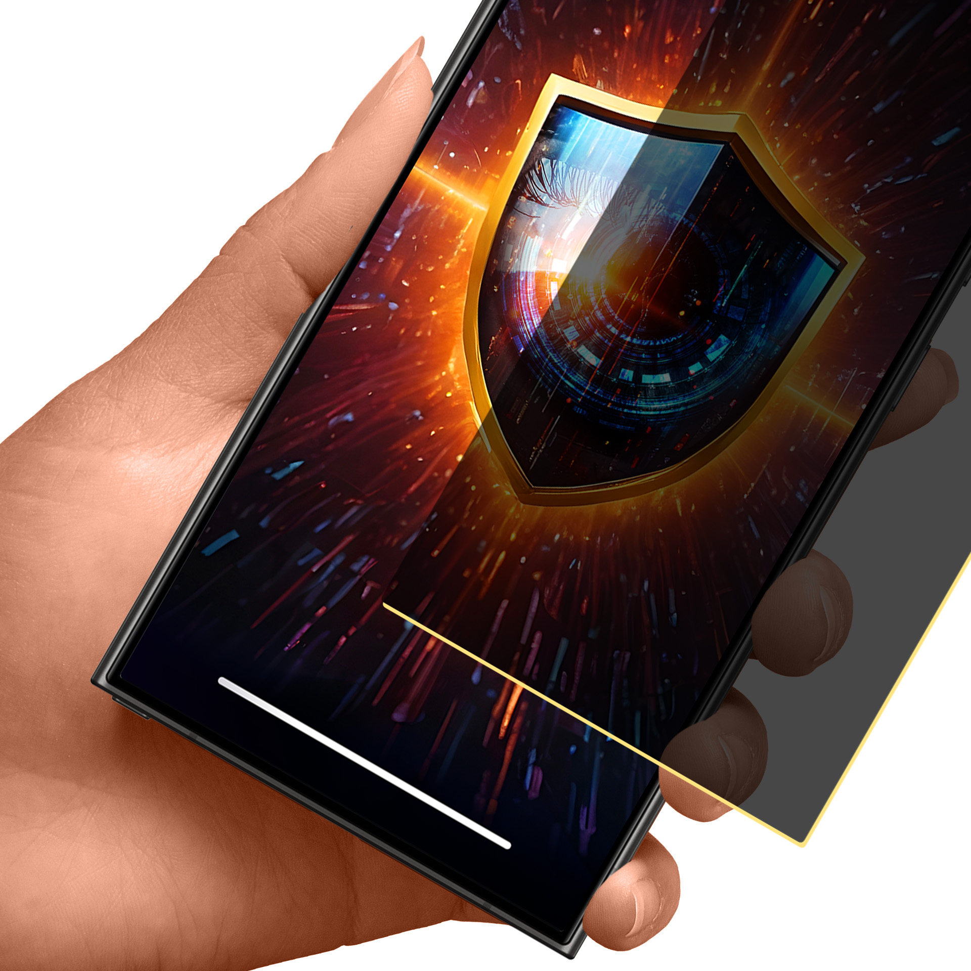 Dłoń trzymająca telefon z grafiką tarczy na ekranie. Tło to wybuch czerwonego i pomarańczowego światła.