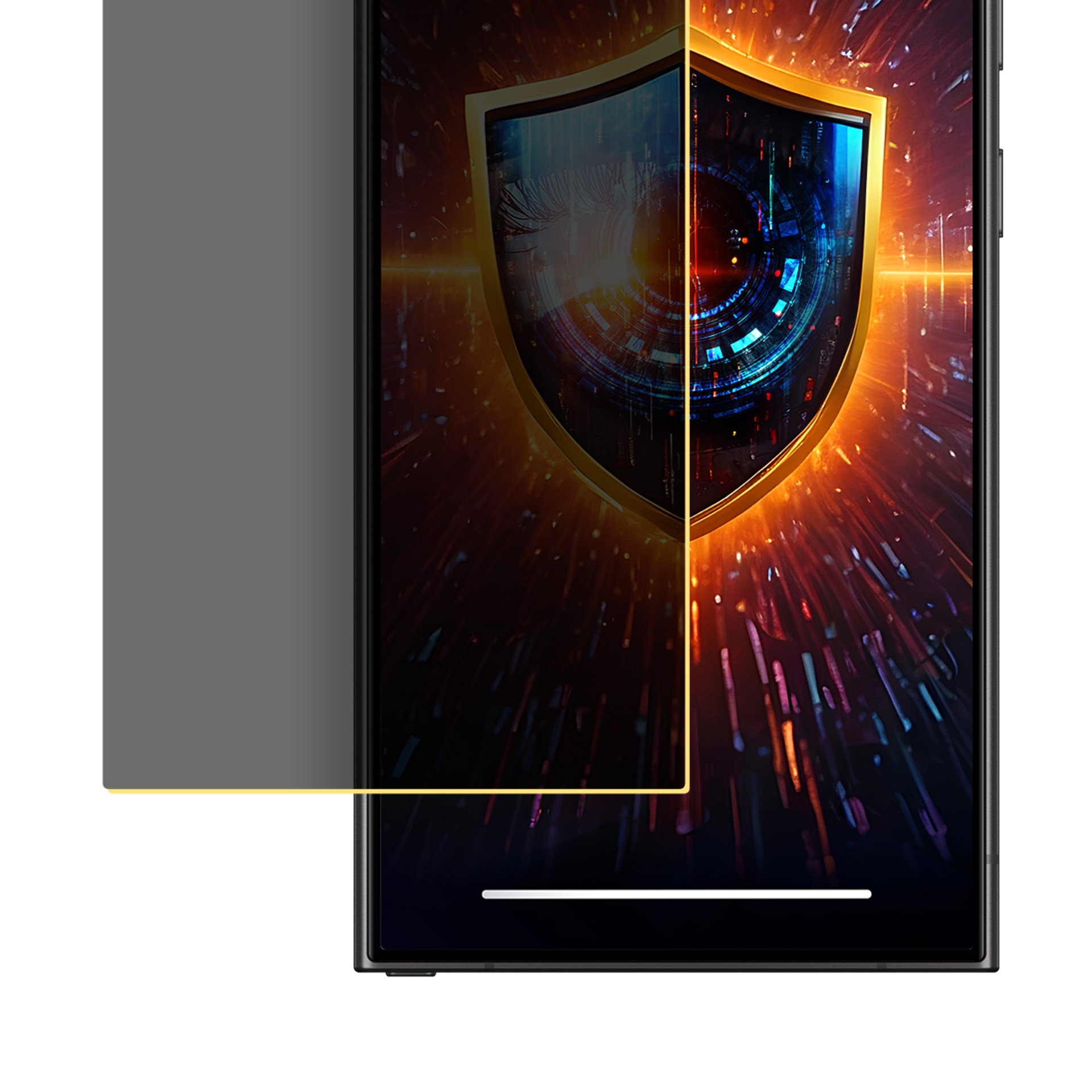 Ekran smartfona wyświetlający złotą tarczę z cyfrowym wzorem. Po lewej stronie ekran chroniący prywatność.