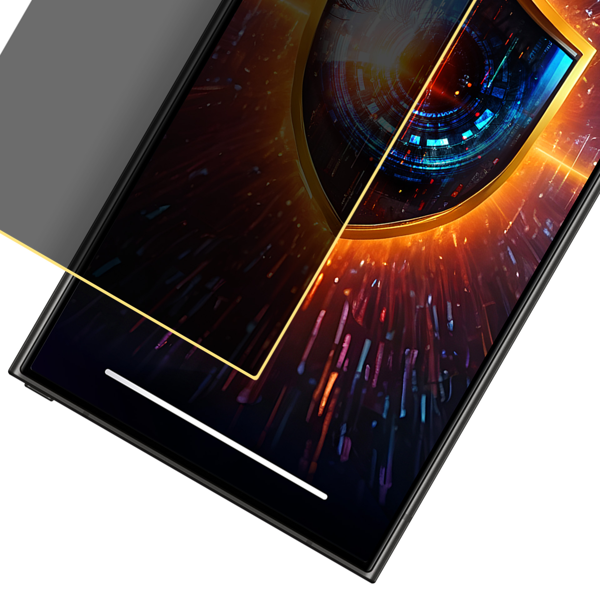 Telefon z ekranem wyświetlającym złoty wzór oka. Ciemnoszara osłona jest częściowo nad ekranem.