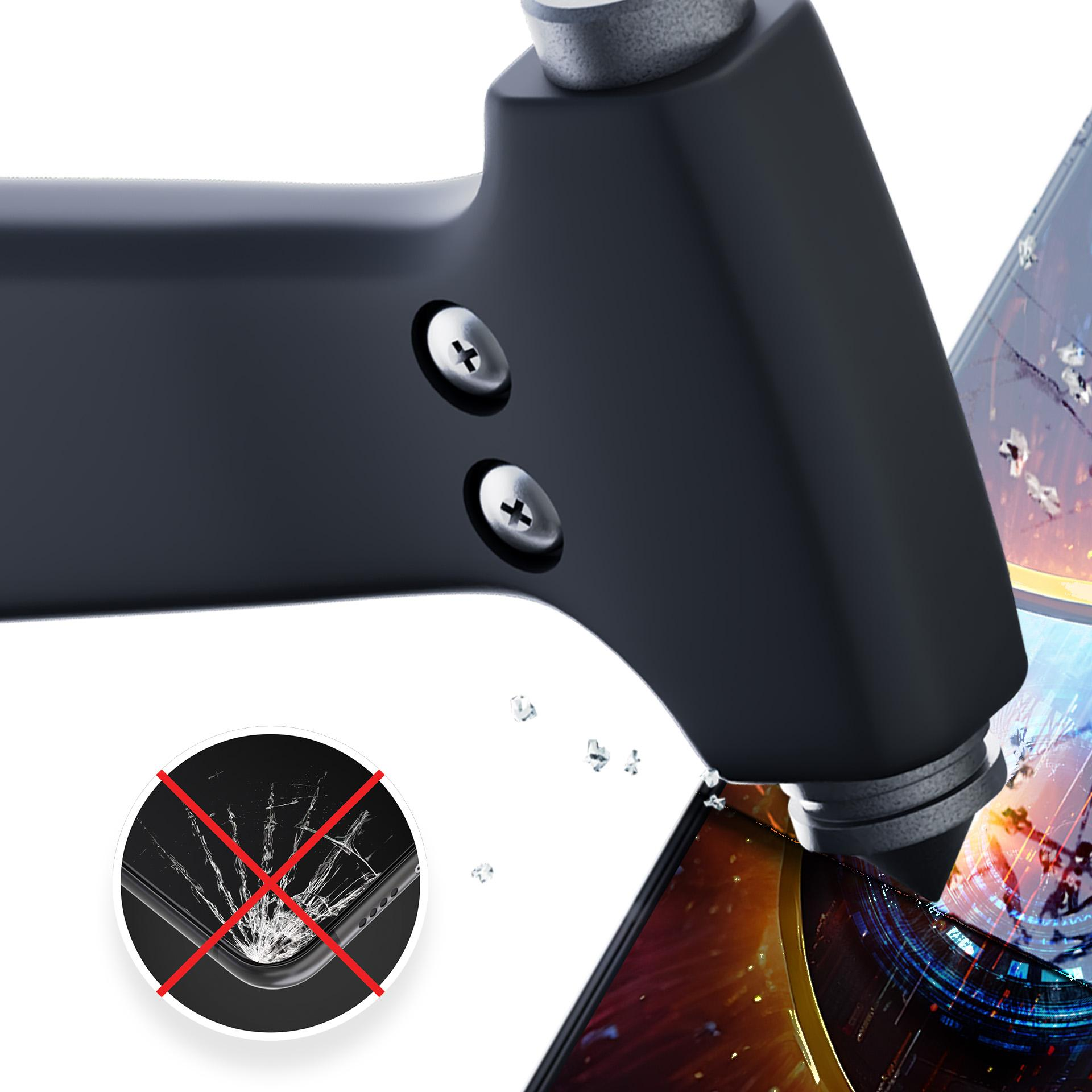 Czarny młotek uderza w ekran telefonu. Zepsuty ekran jest skreślony. Widoczne jest potłuczone szkło.