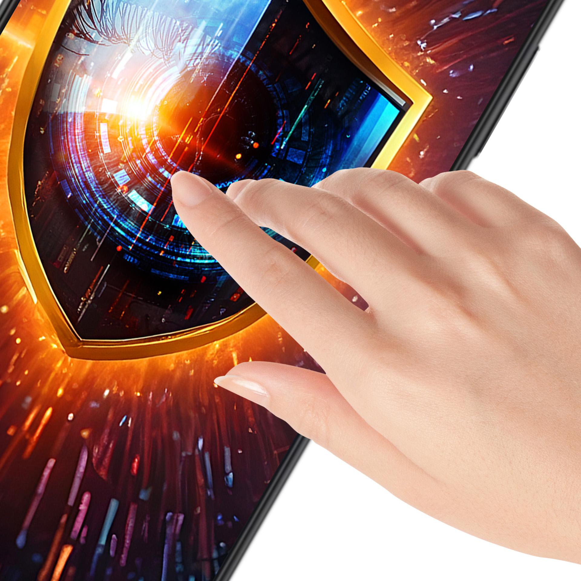 Ręka dotyka ekranu z motywem tarczy. Ekran wyświetla futurystyczny, świecący cyfrowy wzór.