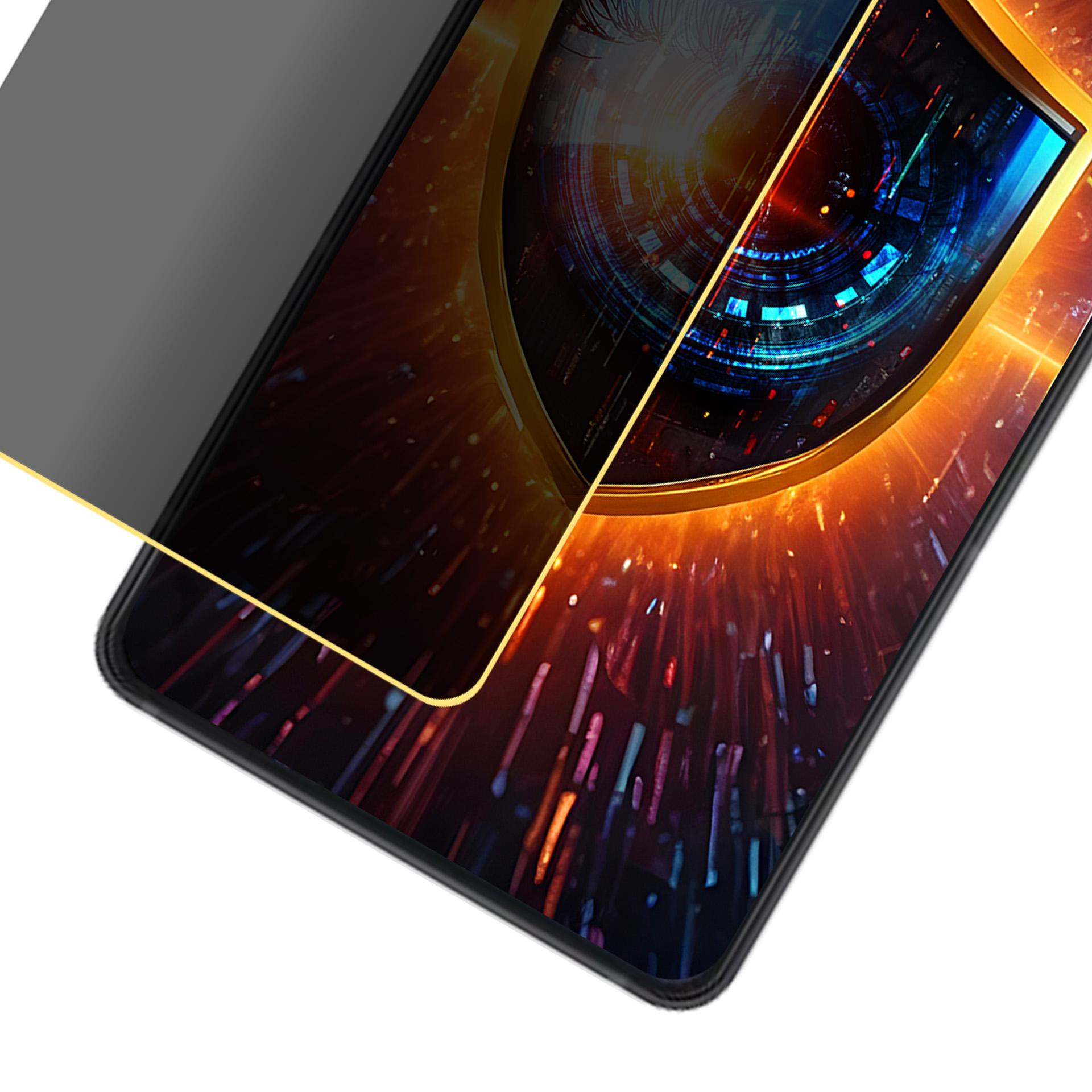 Ochraniacz ekranu smartfona ze złotą obwódką. Ekran wyświetla cyfrowy obraz świateł i okręgów.