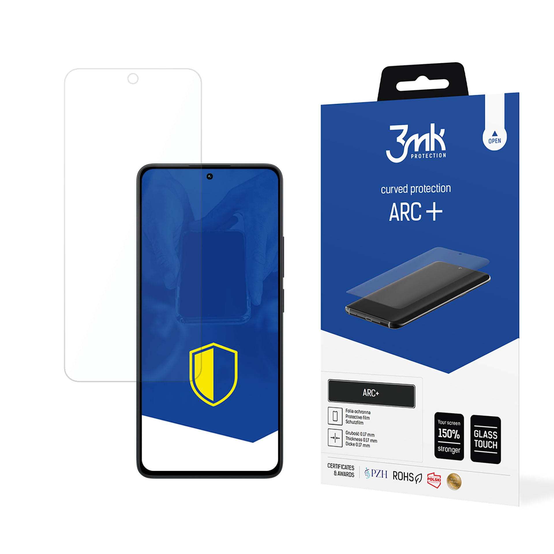 Un proteggi schermo e un telefono sono in mostra. Il proteggi schermo è trasparente, il telefono blu. Una scatola è a destra.