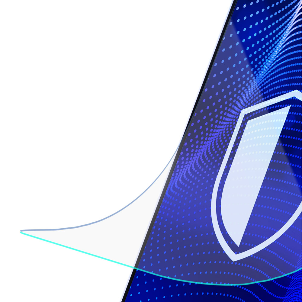 Niebieskie tło gradientowe z białą tarczą i jasnoniebieską krzywą. Tarcza ma biały kształt V. Kompozycja diagonalna.