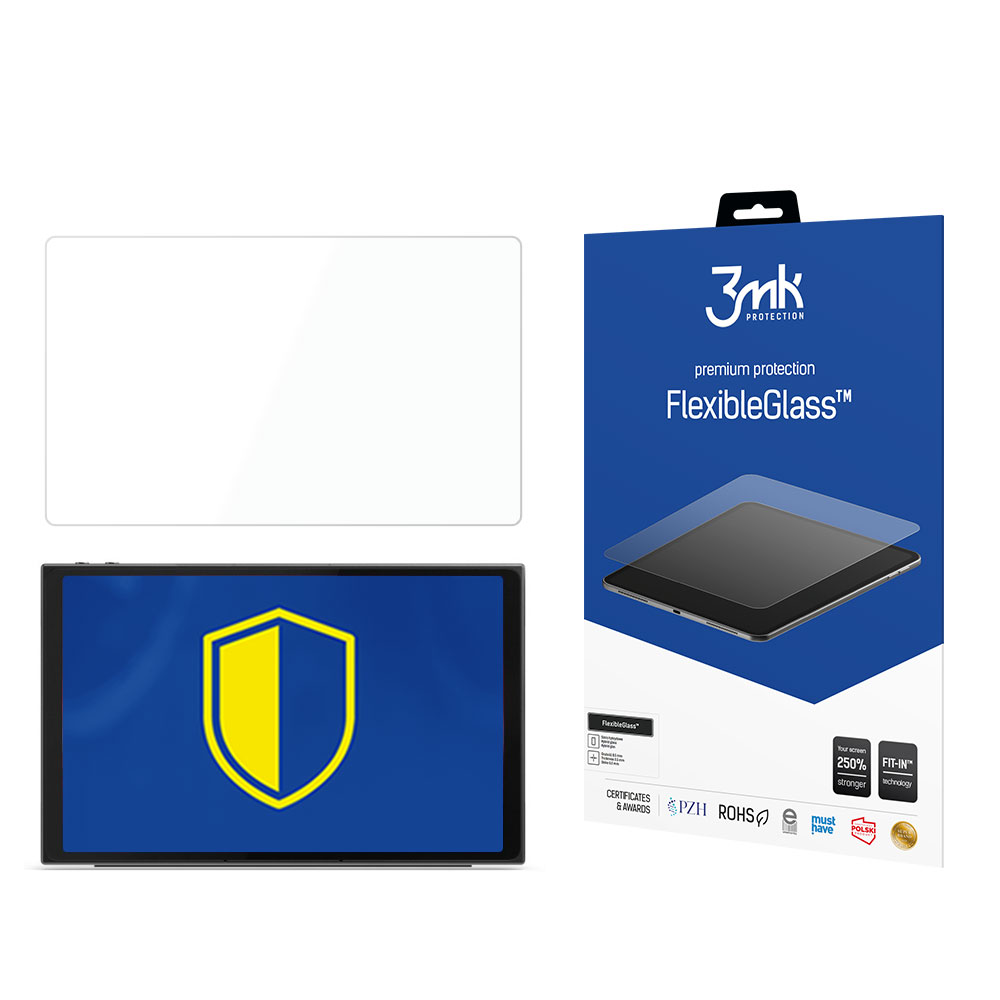 Pokazano ochraniacz ekranu tabletu, tablet i opakowanie. Tablet ma logo tarczy na ekranie.