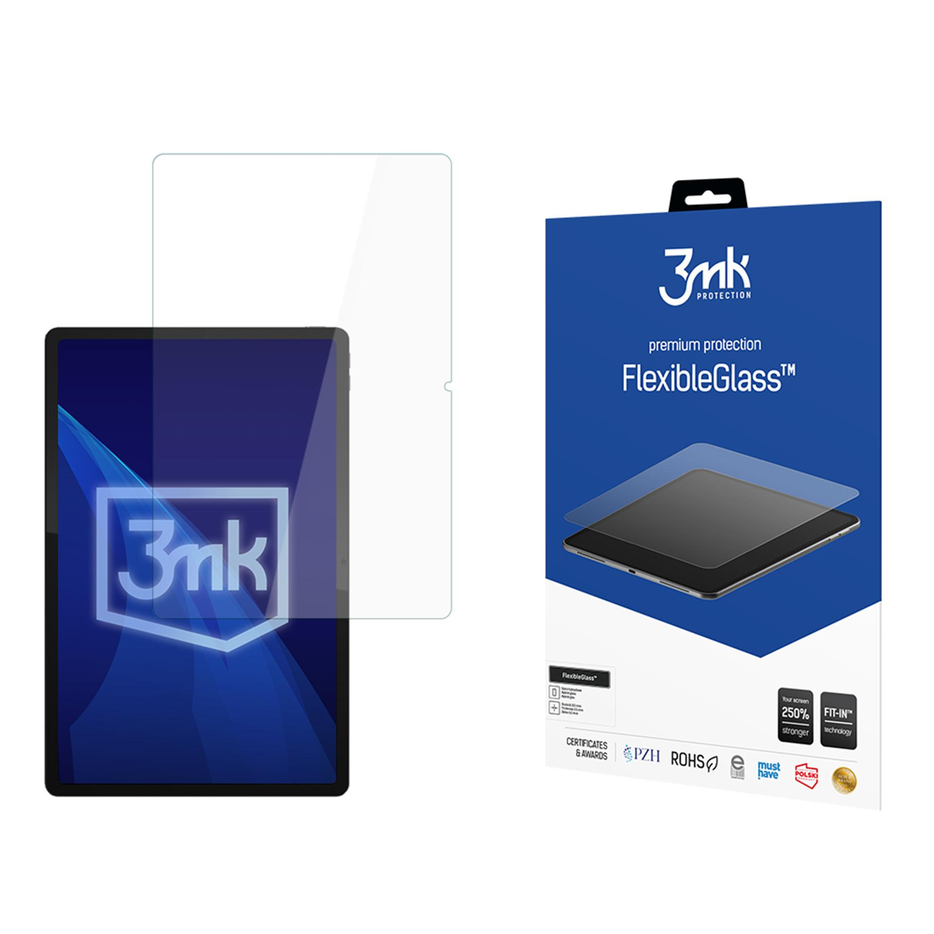 Tablet z ochraniaczem ekranu. Po prawej stronie pudełko z marką FlexibleGlass.