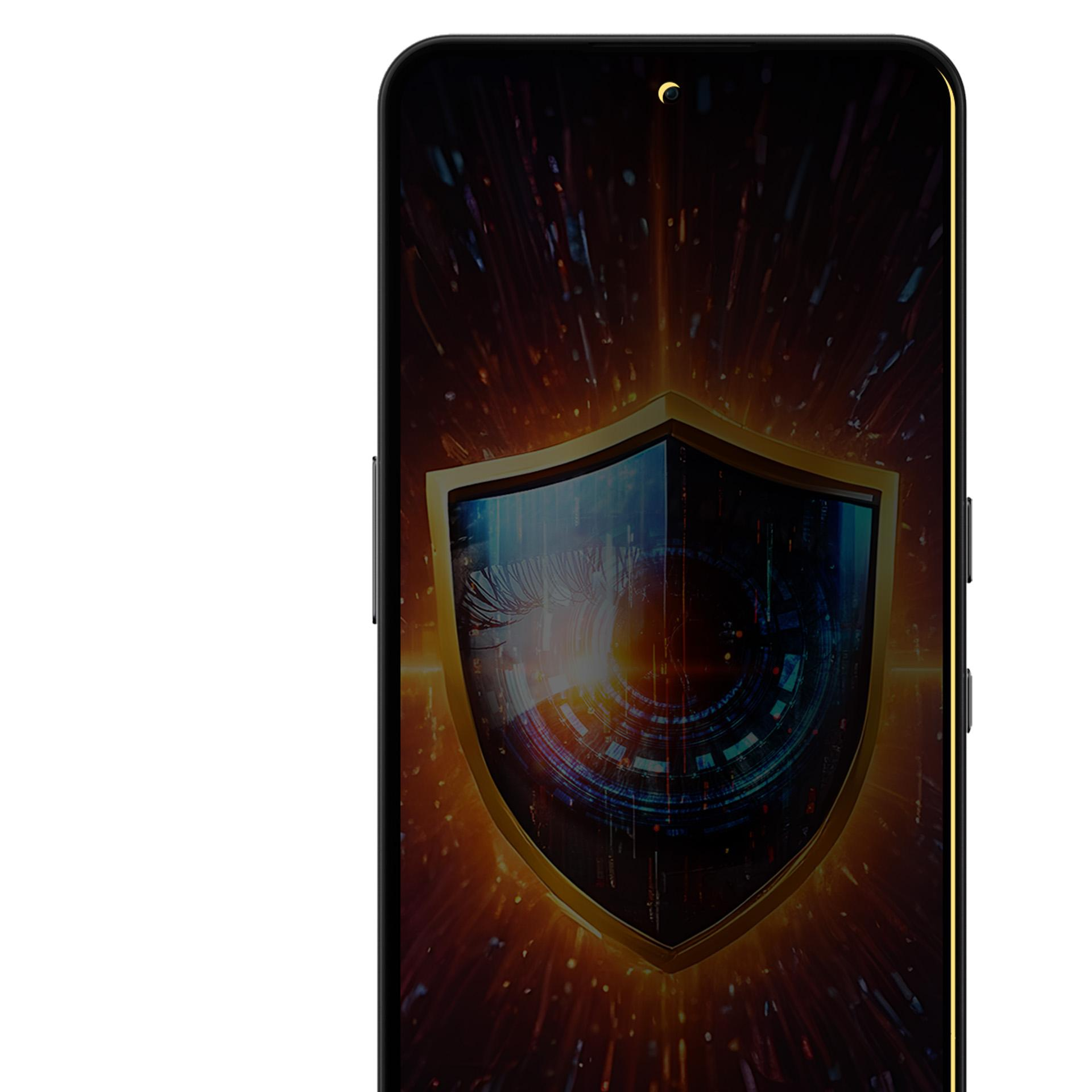 Uno smartphone mostra una grafica a scudo. All'interno è visibile un occhio digitale. Lo sfondo è un design astratto e infuocato.
