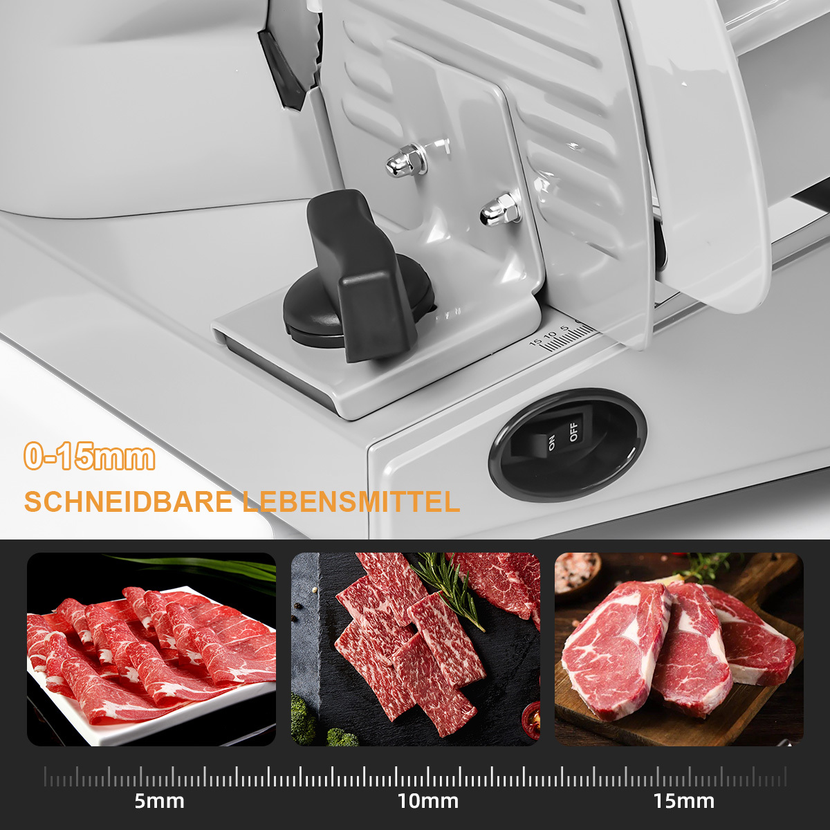Eine Fleischschneidemaschine mit geschnittenem Rindfleisch und Beispielen für verschiedene Schnittstärken. Die Maschine ist weiß, mit schwarzen Bedienelementen.