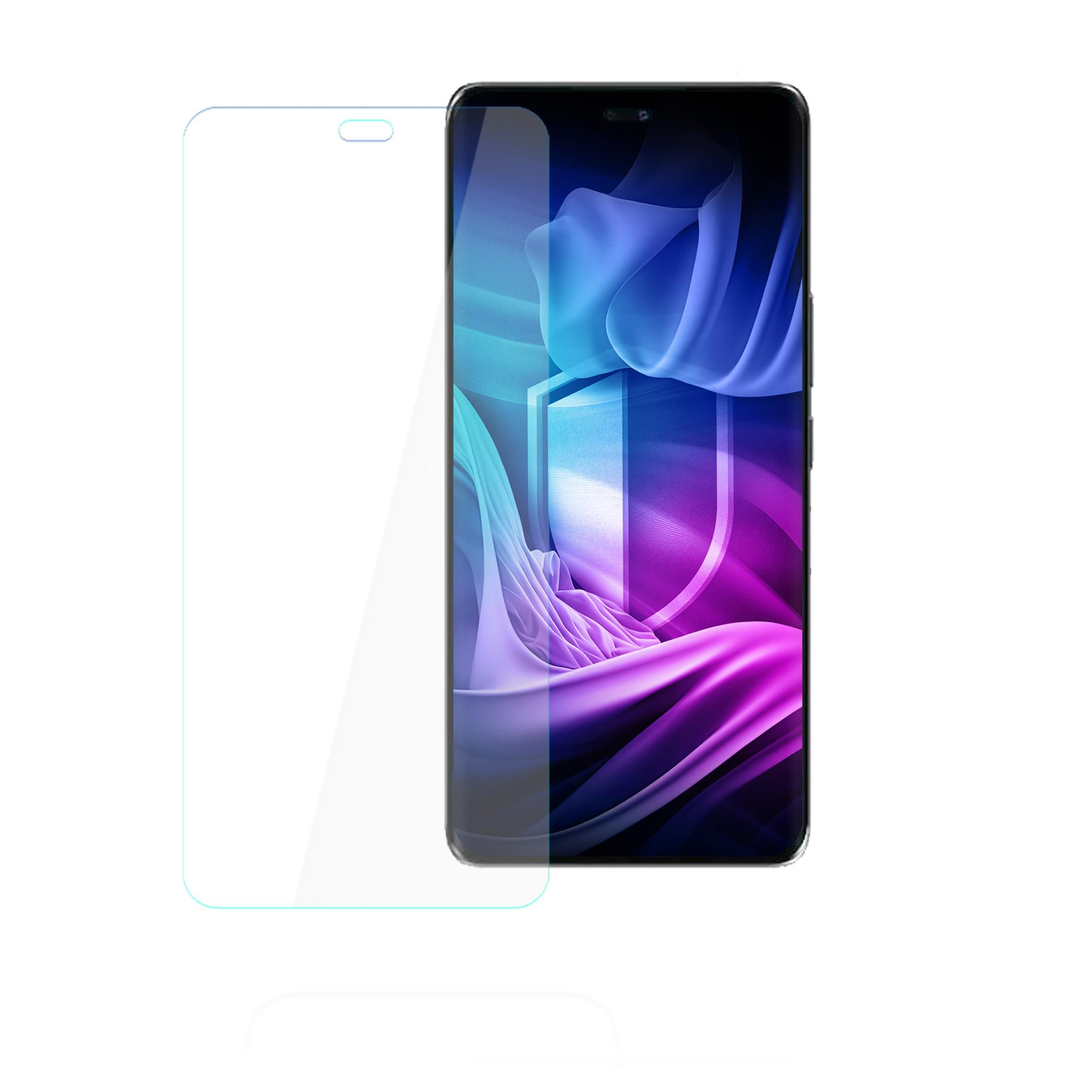 Un teléfono con protector de pantalla. El teléfono muestra una imagen abstracta colorida. El protector es transparente.