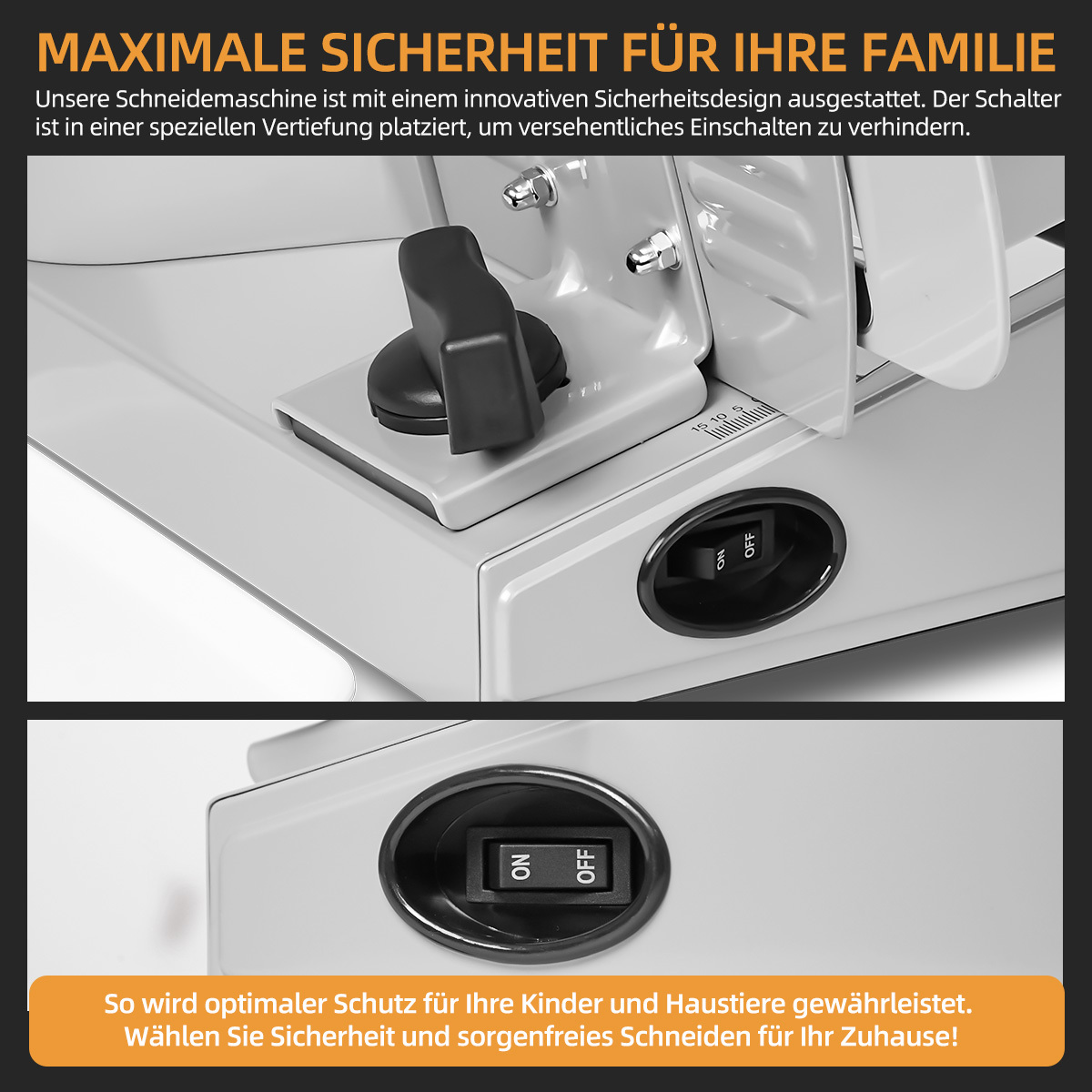 Nahaufnahme eines grauen Fleischschneiders mit schwarzem Griff und Ein/Aus-Schalter. Text betont Sicherheit für die Familie.