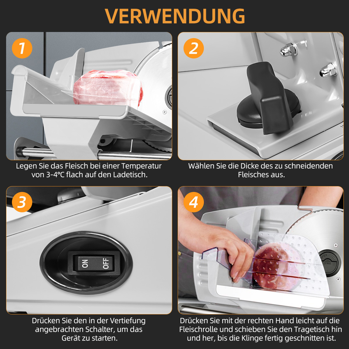 Anweisungen für eine Fleischschneidemaschine: Fleisch einlegen, Dicke einstellen, Gerät einschalten und Fleisch durch die Klinge schieben.