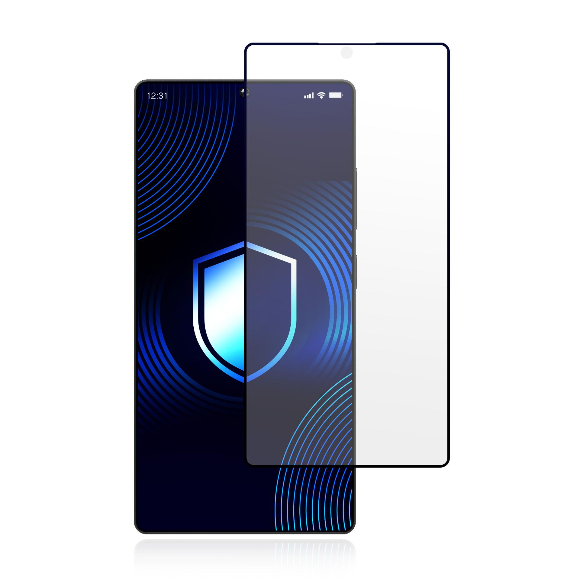 Uno smartphone con protezione schermo. Il telefono mostra un'icona a scudo su sfondo blu. La protezione è trasparente.