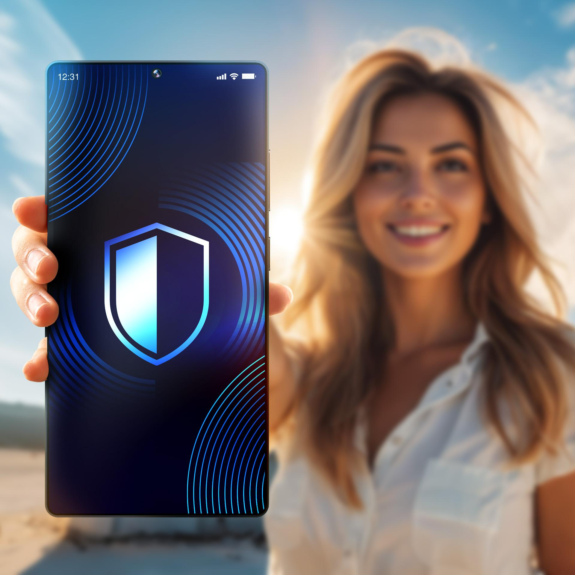 Una donna tiene in mano un telefono che mostra un'icona a scudo. Lo sfondo mostra una spiaggia e cielo blu.