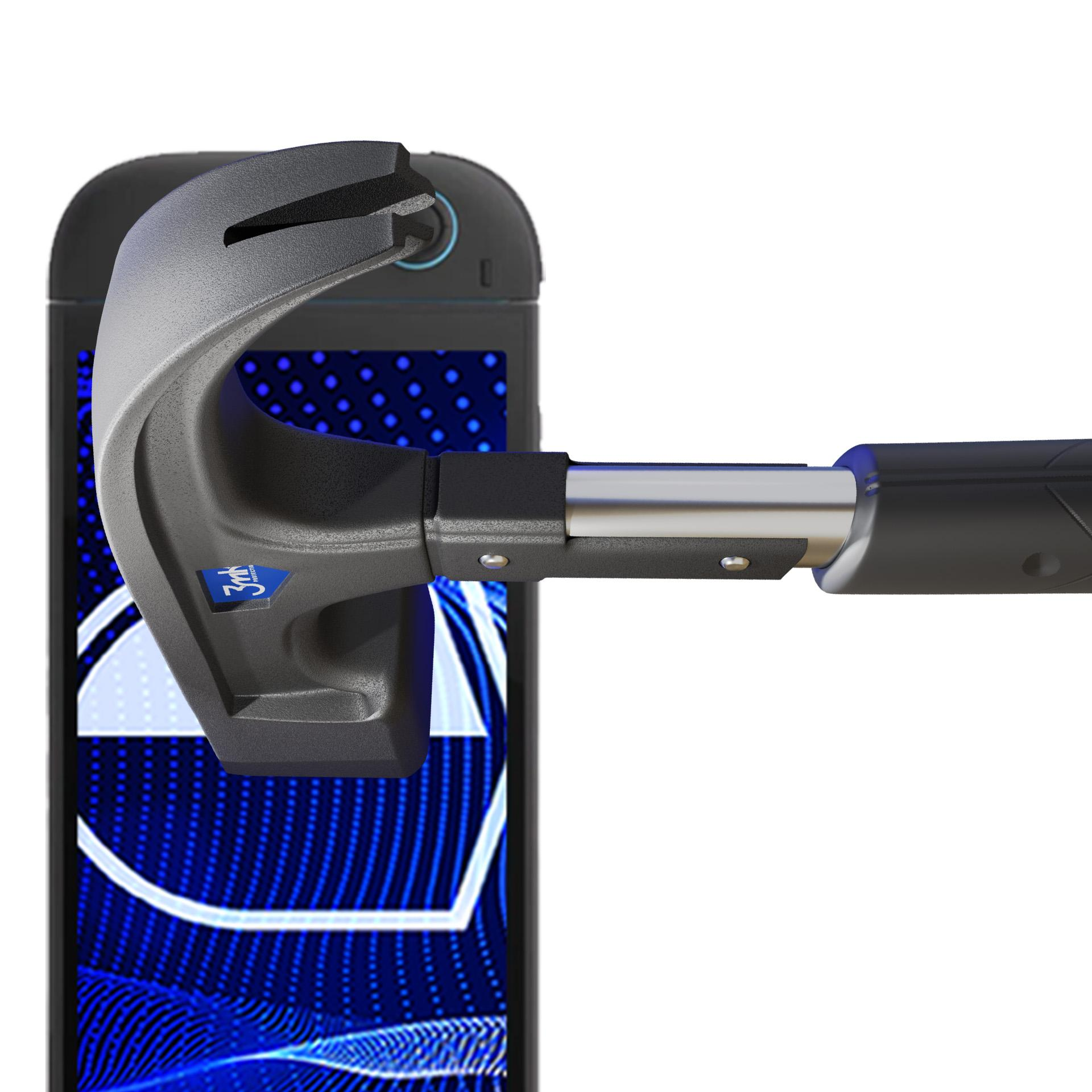 Młotek uderza w smartfon. Ekran telefonu wyświetla niebieski wzór. Młotek jest szary, z czarnym uchwytem.